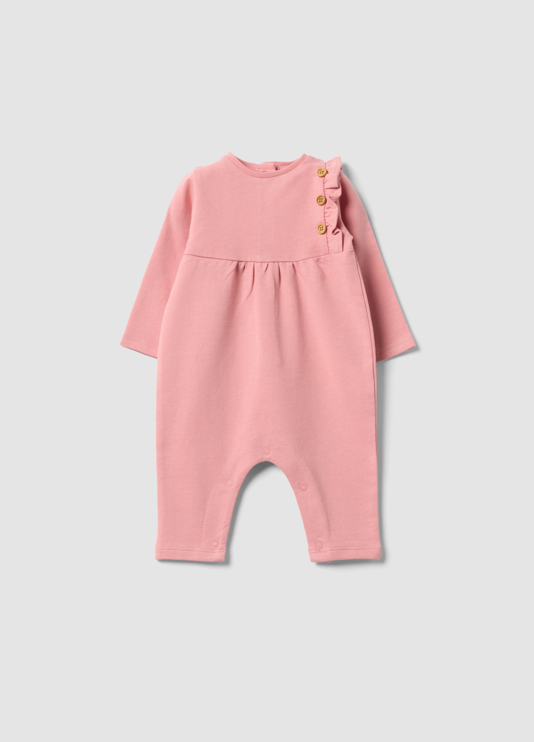 Pink organic cotton romper with ruffle for baby girl