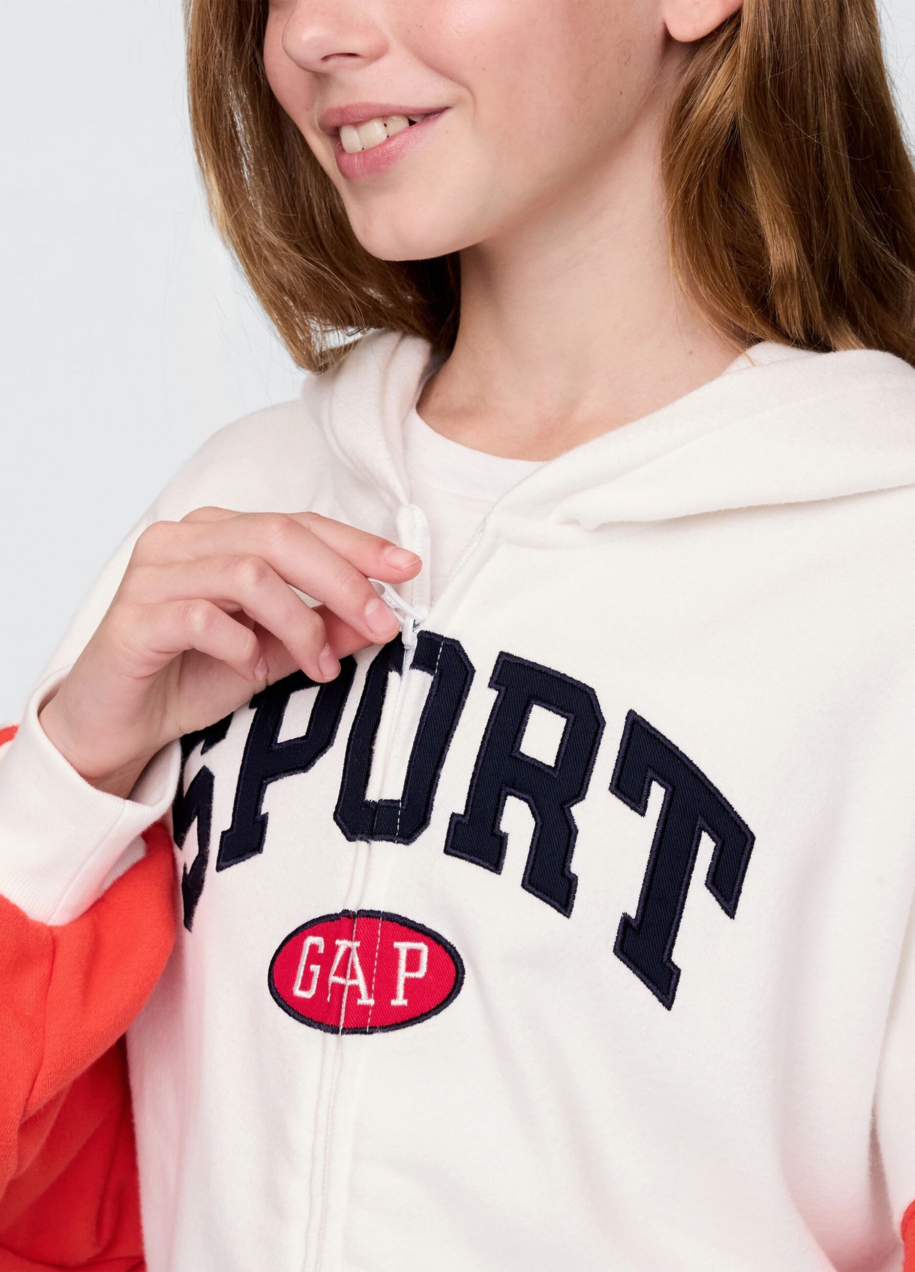 White and red full-zip sweatshirt with hood and logo embroidery