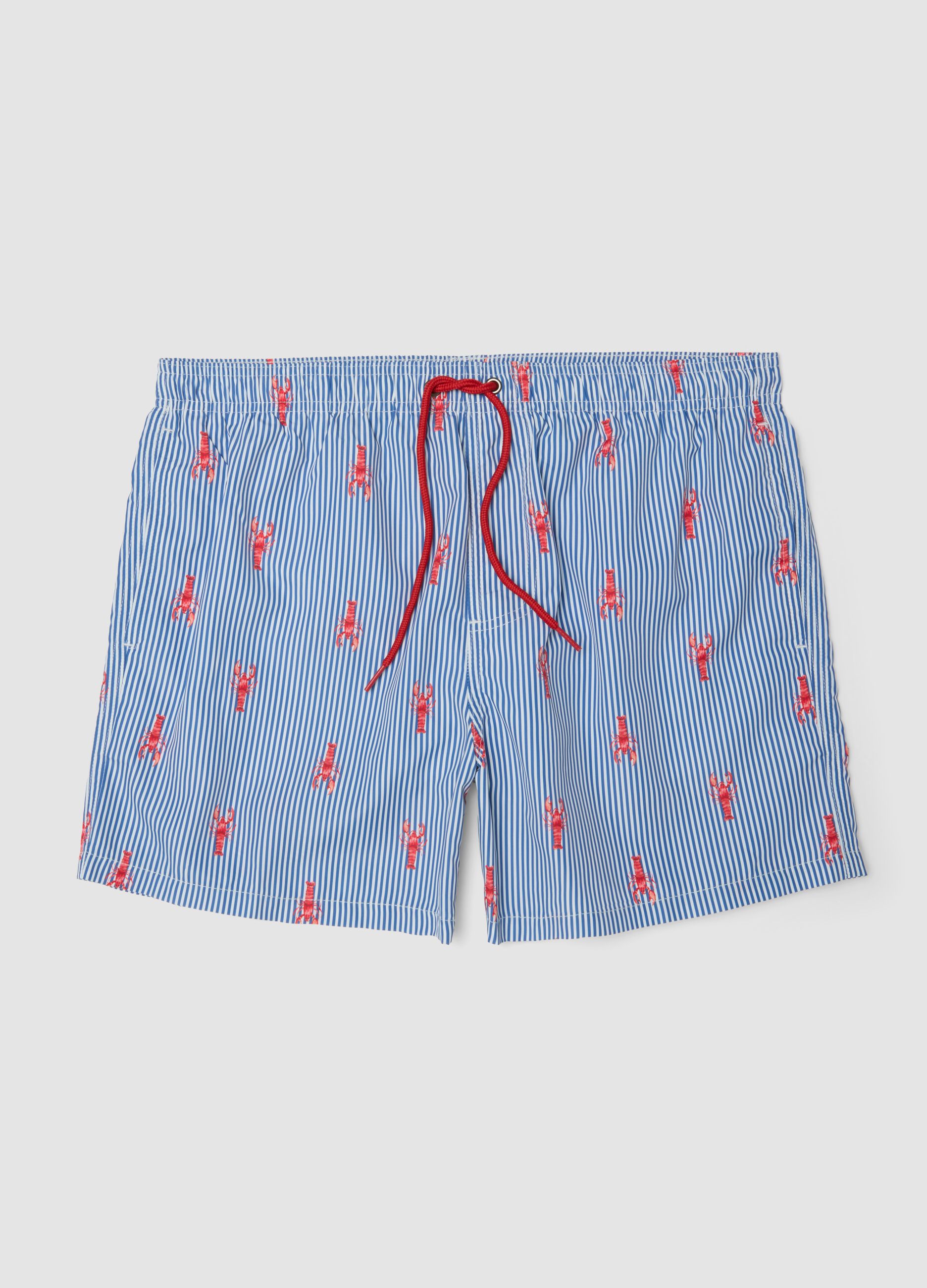 Boxer mare blu a righe con stampa aragoste