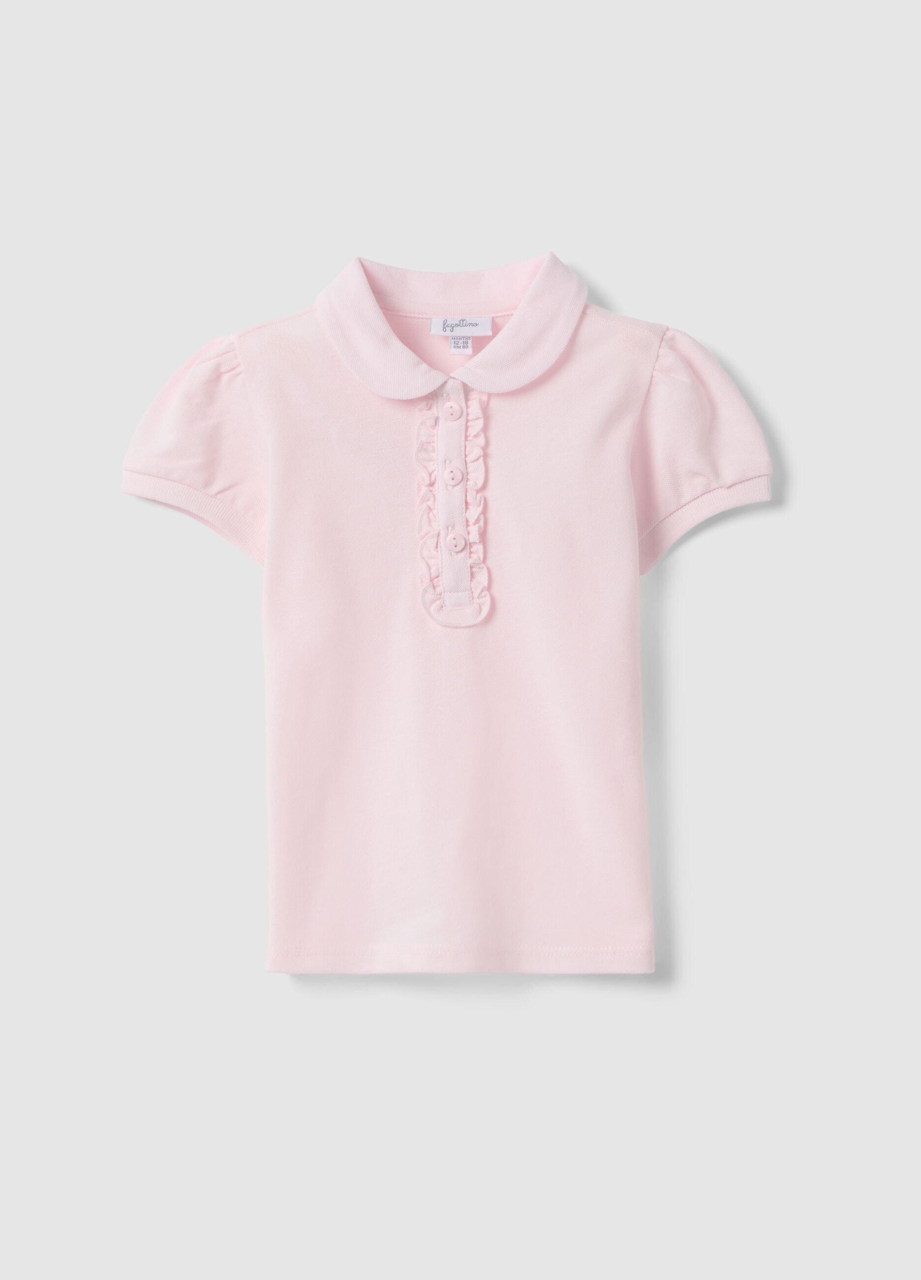 Girls' Pink Cotton Polo Shirt, Regular Fit with Frill Detail