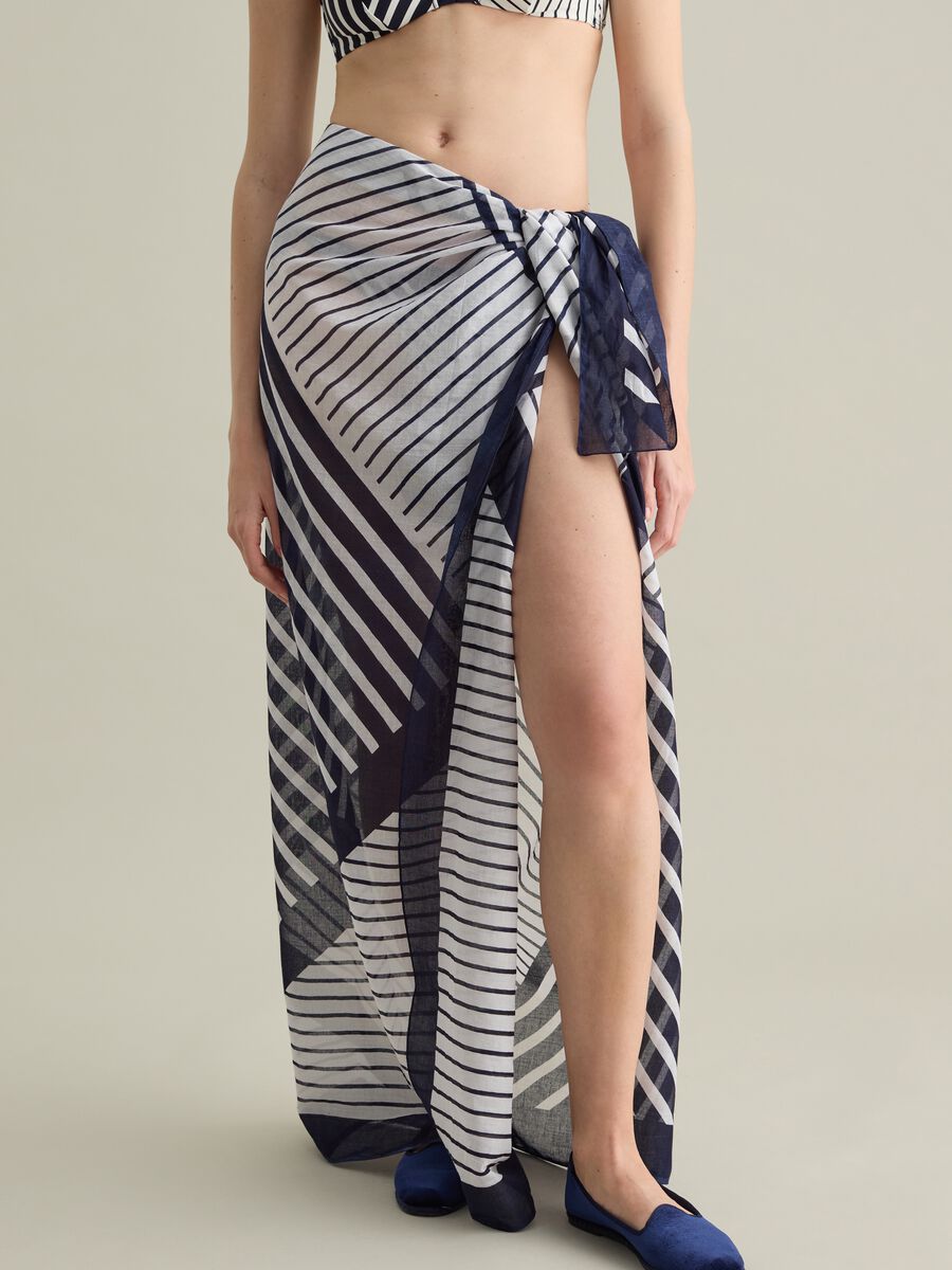 Long blue and white striped cotton cover-up_1