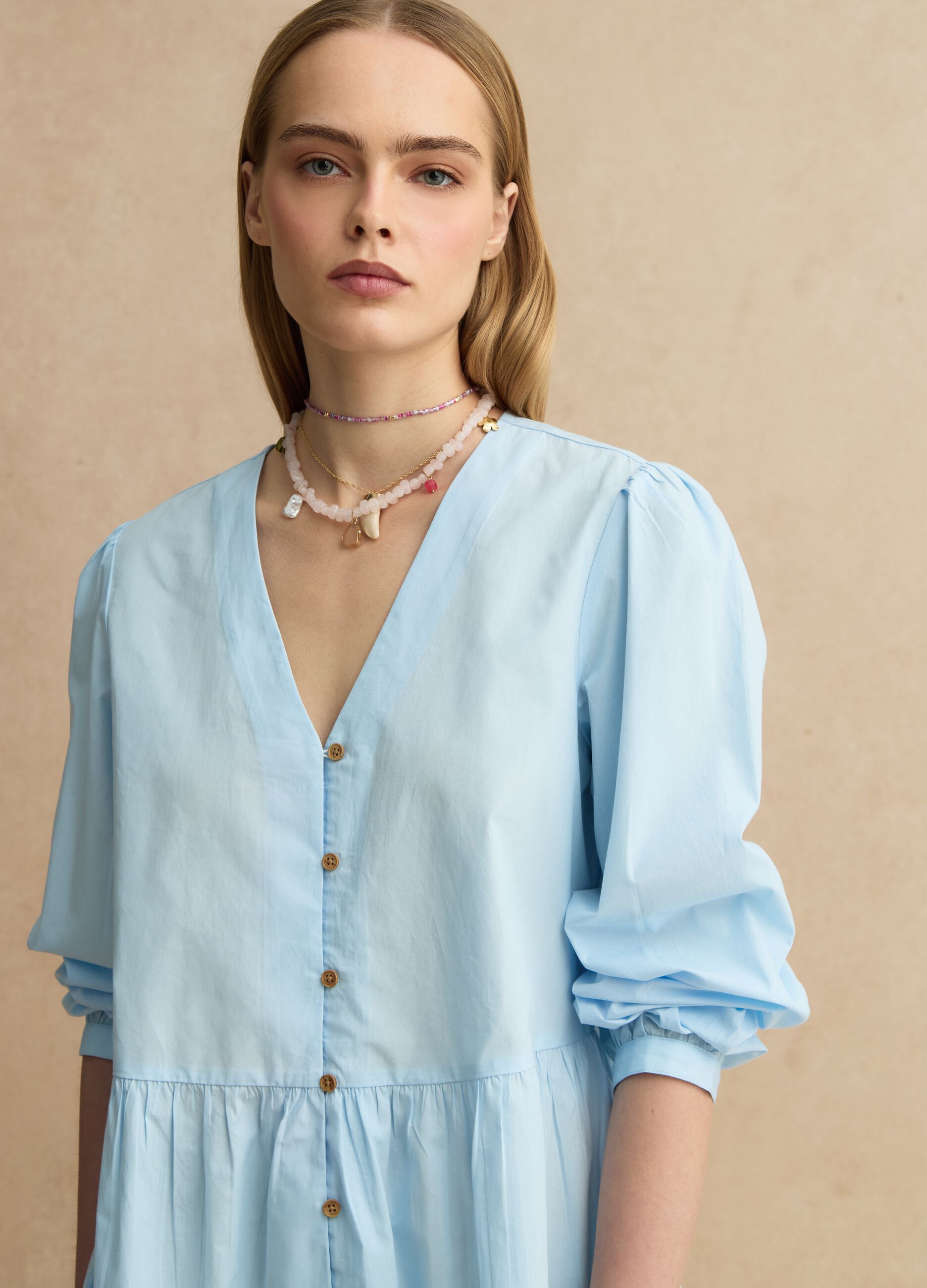 Deep V Blue Cotton Dress Regular Fit