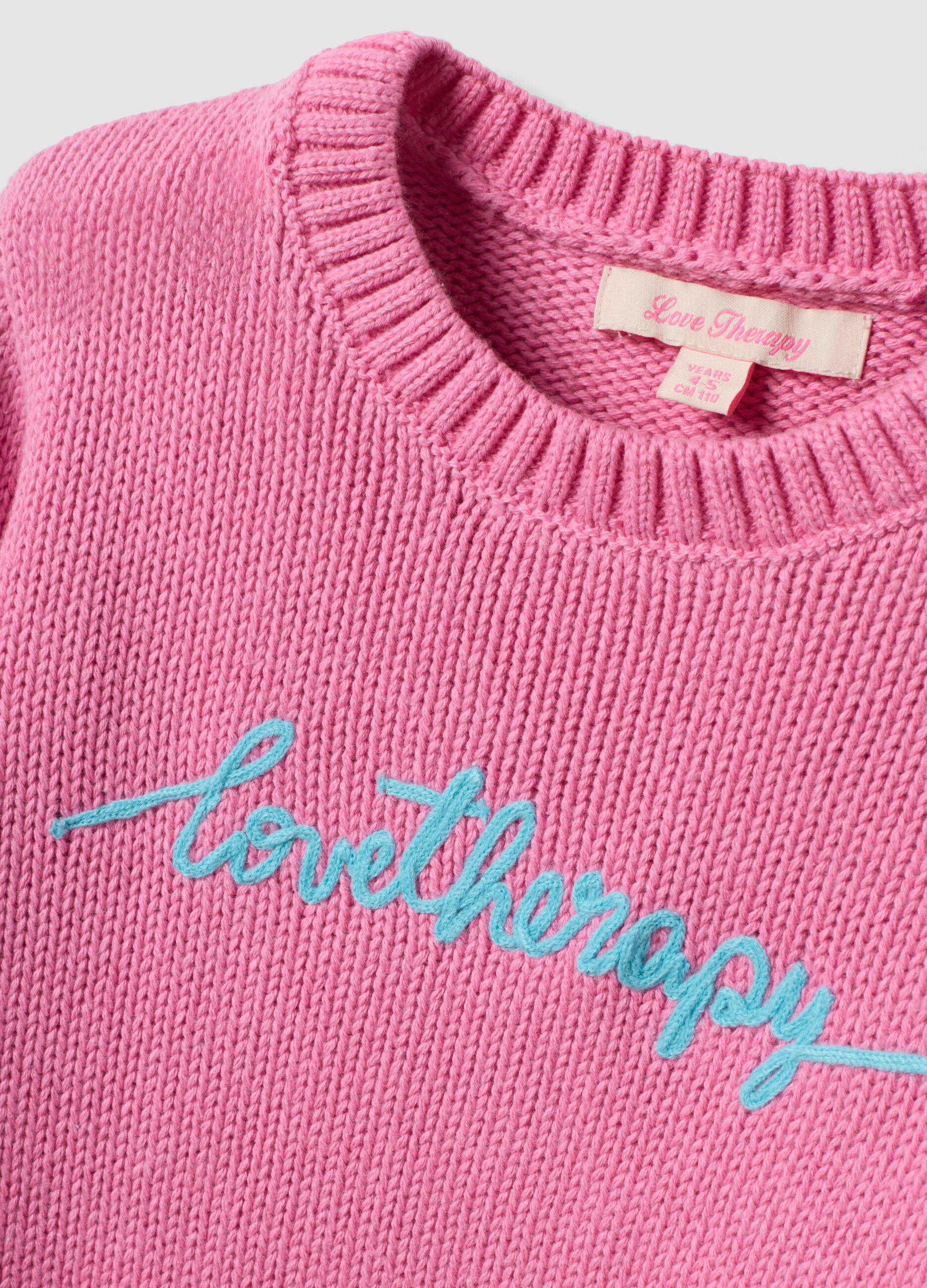 Pink cotton-blend crew-neck top with floral sleeves for girls