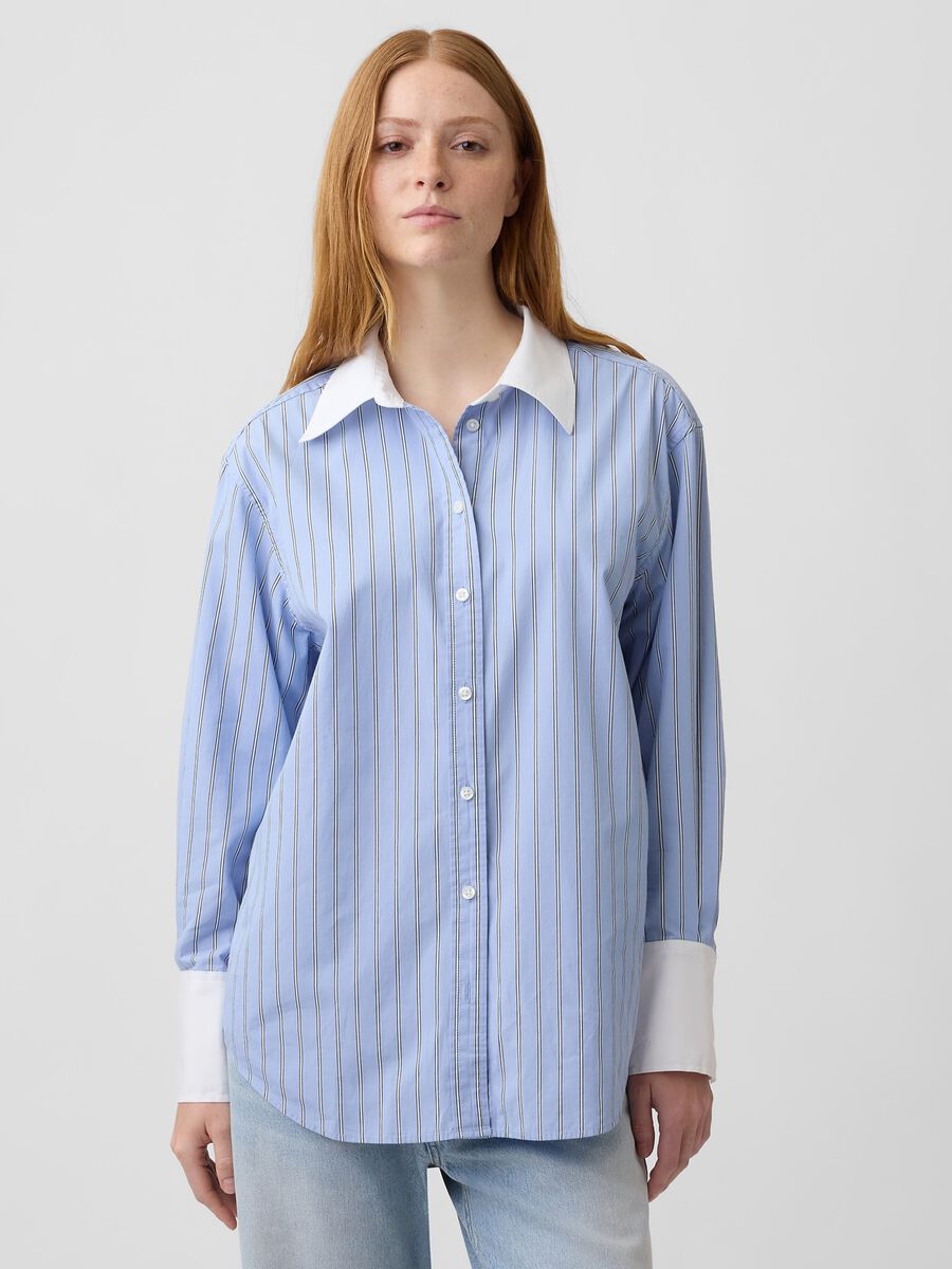 Light blue pure cotton striped shirt with contrast turn-up cuffs_0