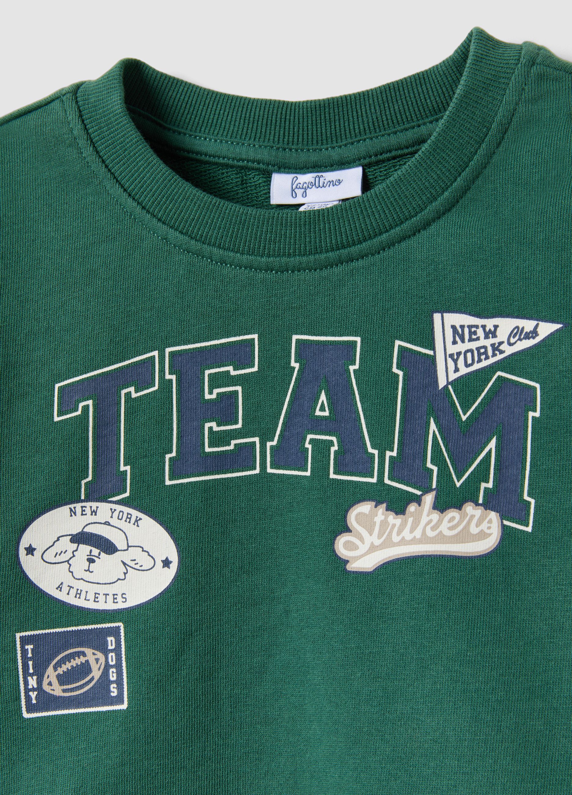 Felpa verde in puro cotone con girocollo e stampa per bimbo regular fit