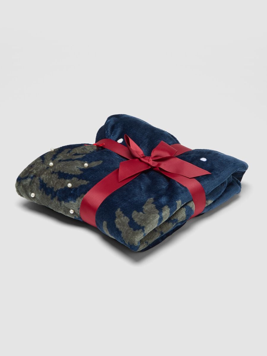 Plaid blu e verde con fantasia alberi e pois_0