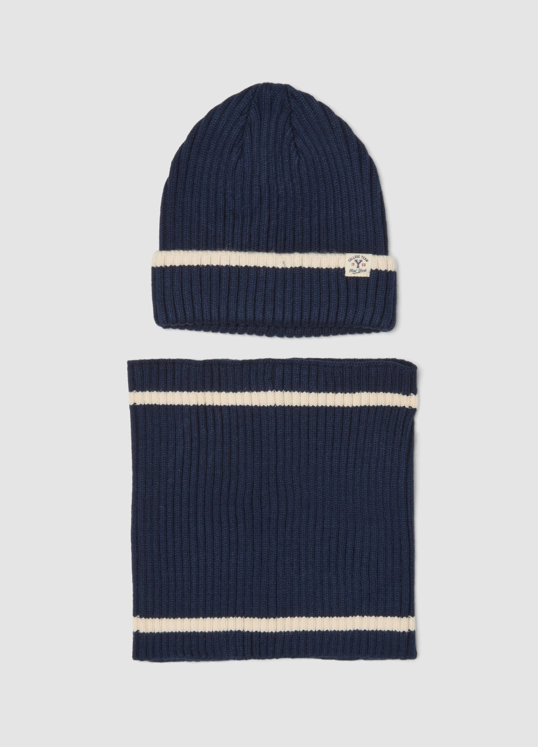 Blue viscose-blend hat and neck warmer set