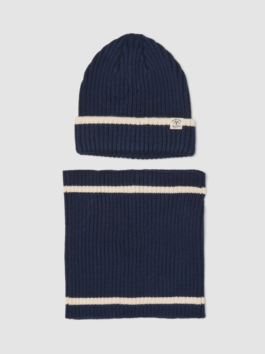 Blue viscose-blend hat and neck warmer set_0