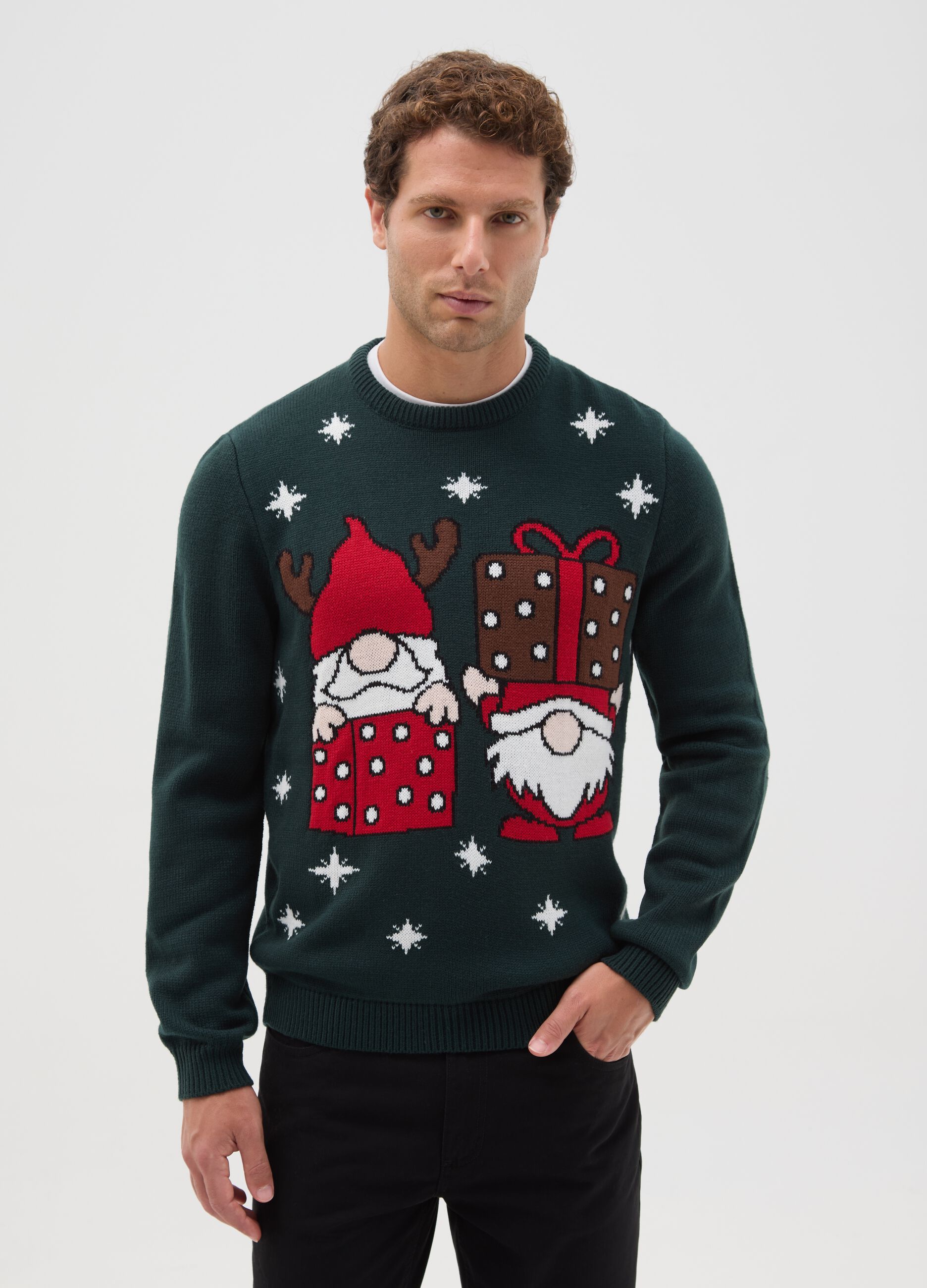 Green regular fit Christmas sweater with embroidery