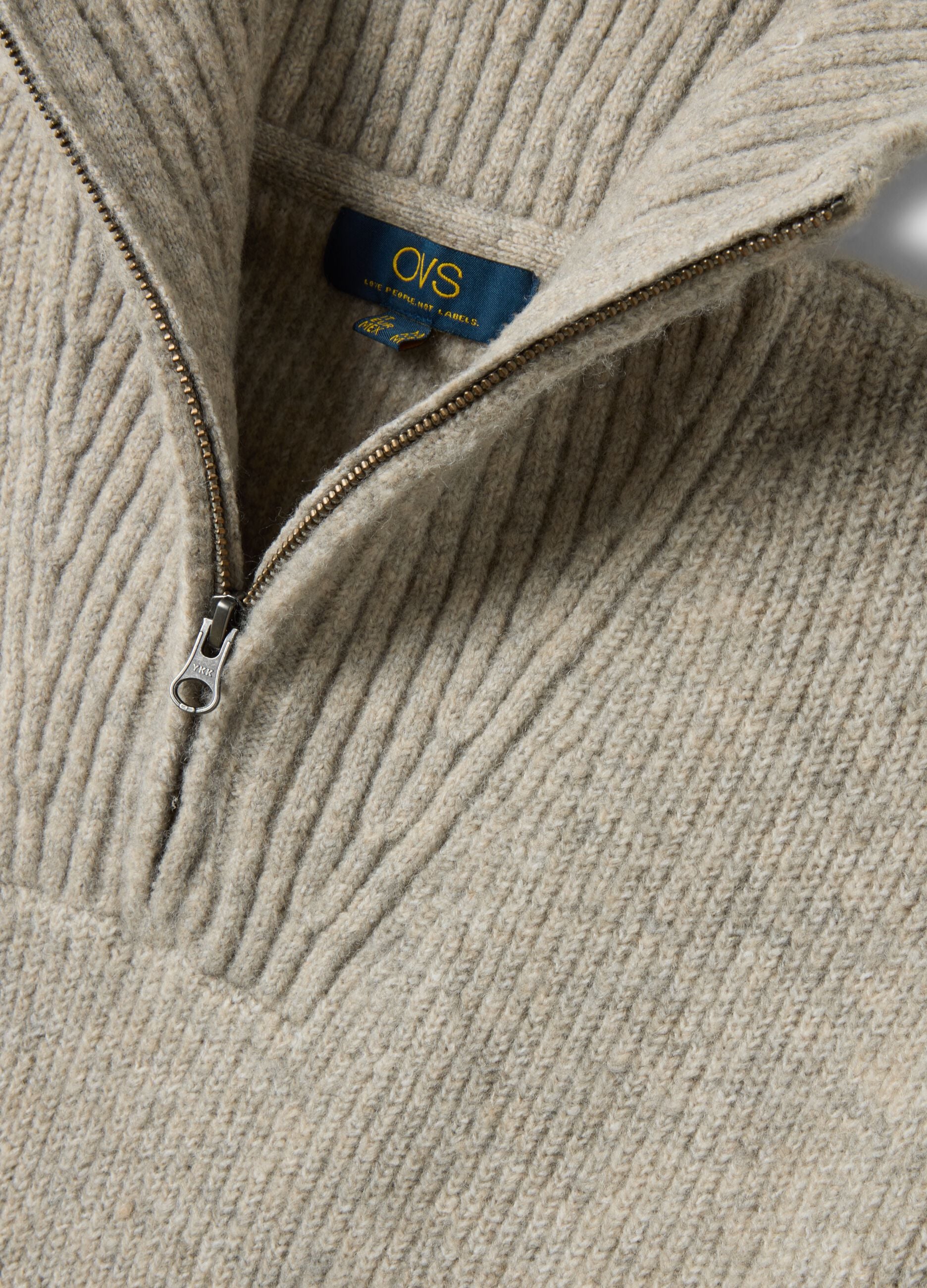 Beige regular-fit stretch wool half-zip jumper