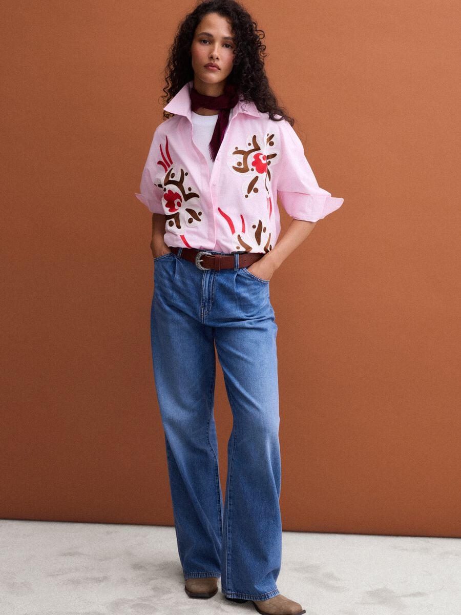 Jeans blu wide leg a vita alta in puro cotone_0