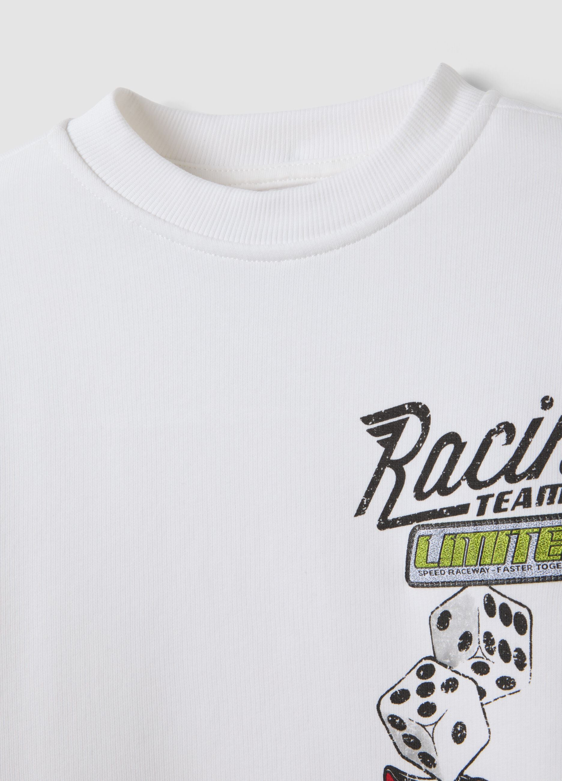 White cotton-blend crew-neck racing print sweatshirt for boys