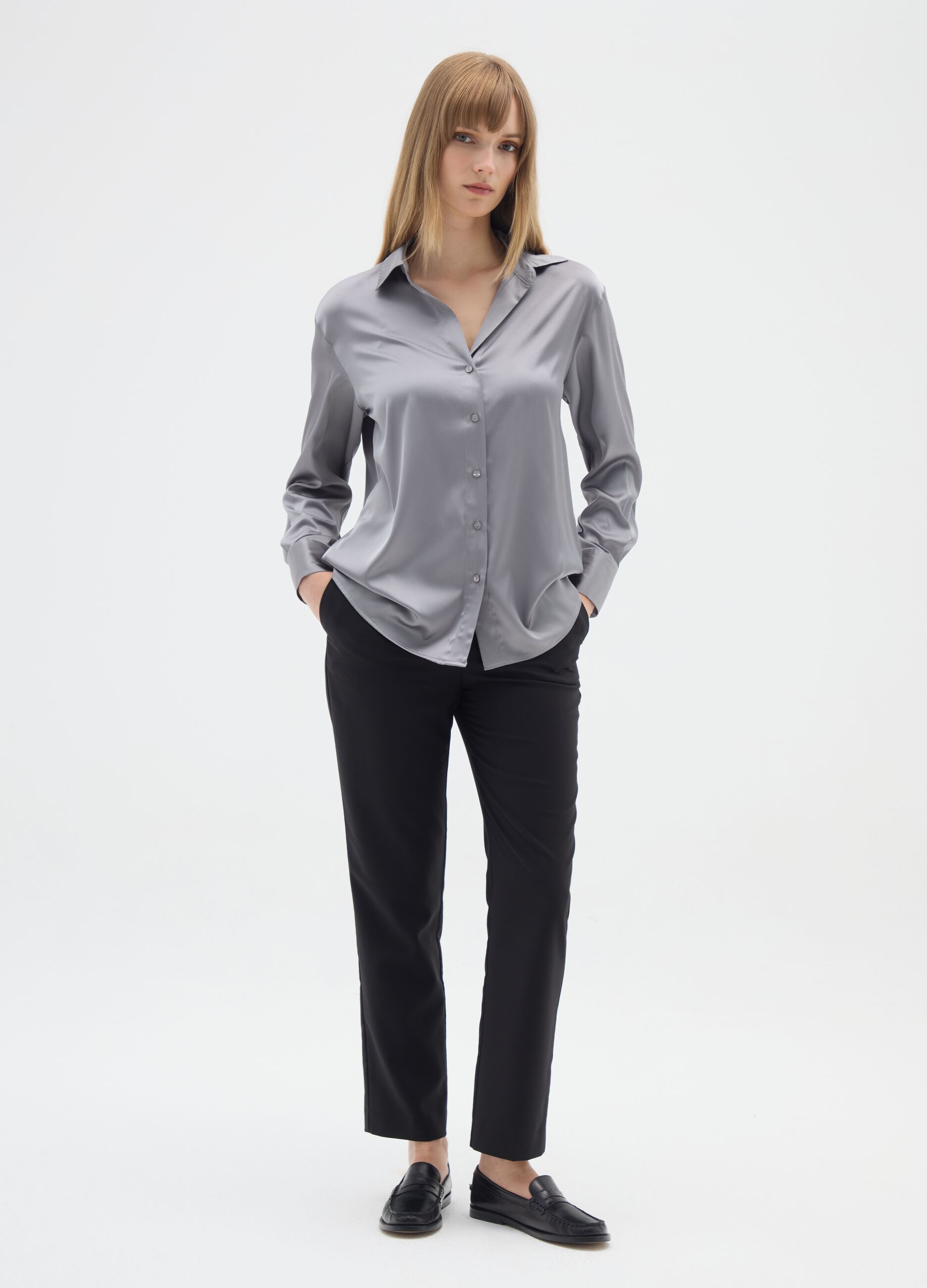 Long-sleeved grey satin shirt