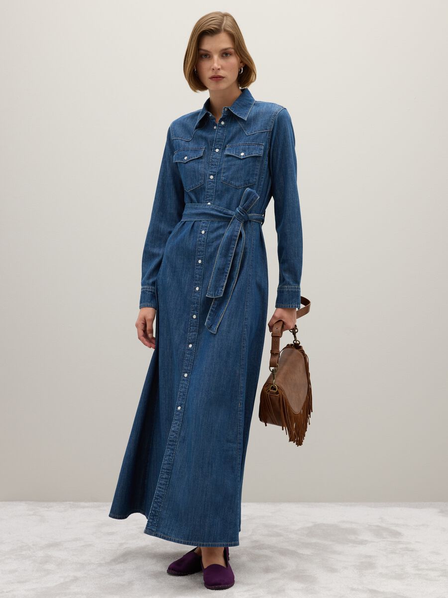 Long pure cotton denim dress with zip and belt_0