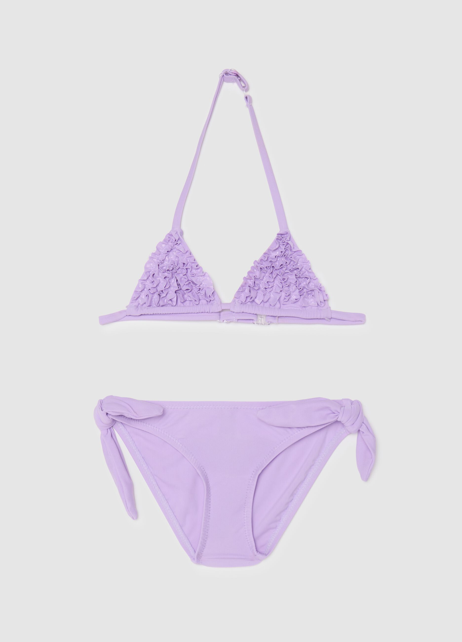 Girls' bikini in purple stretchy blend with ruffles and glitter