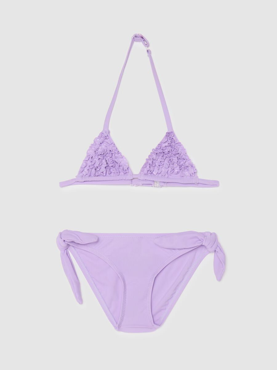 Girls' bikini in purple stretchy blend with ruffles and glitter_0