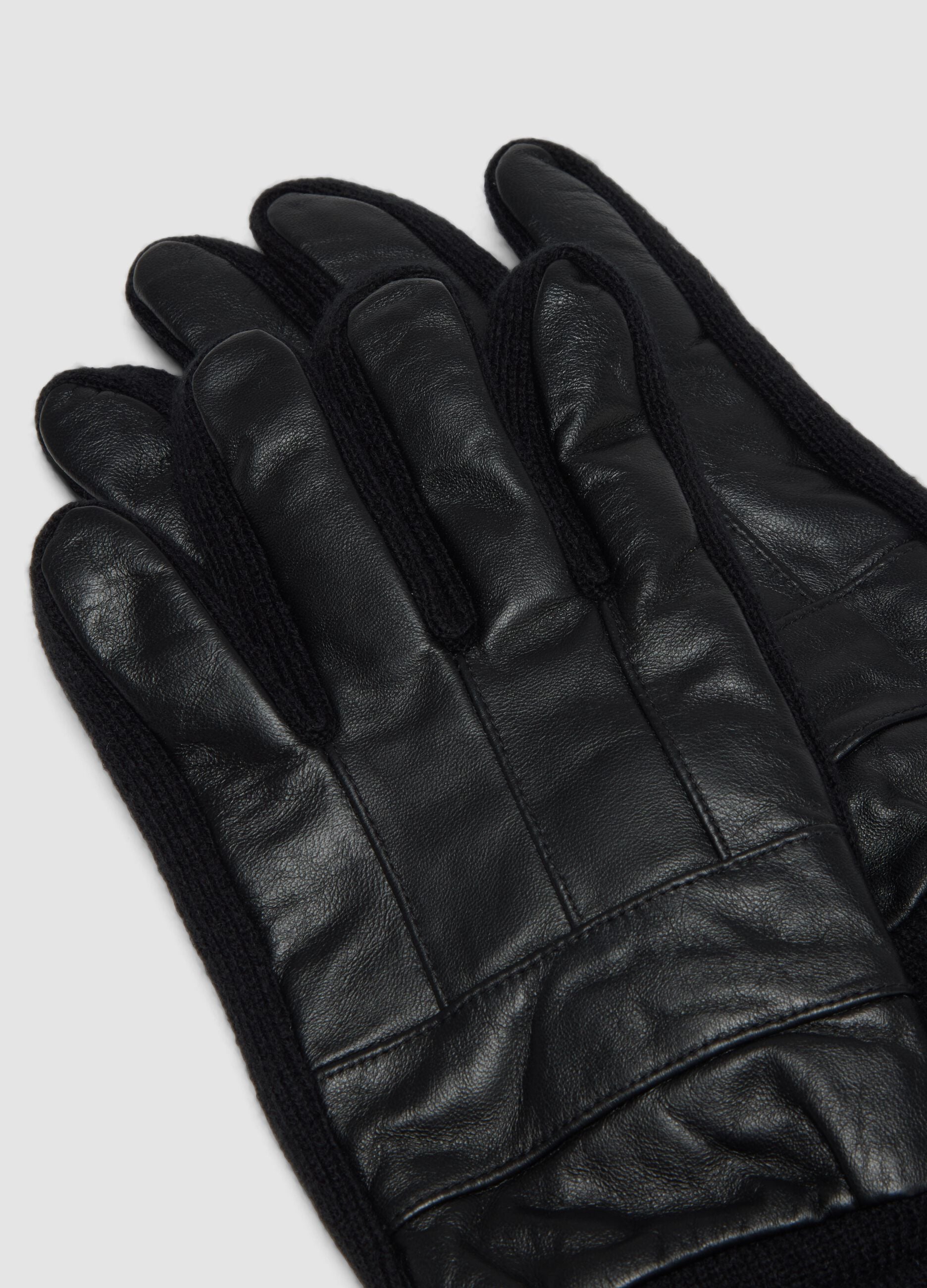 Black genuine lambskin gloves with knitted cuffs