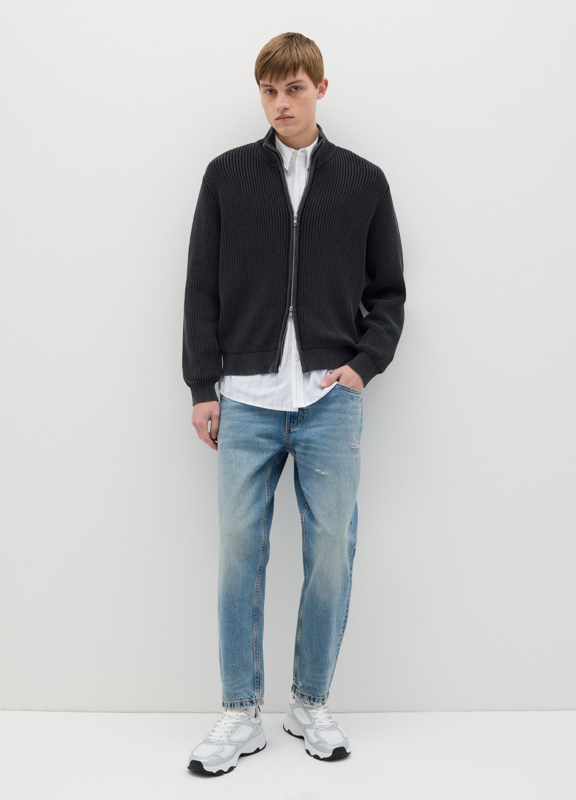 Full-zip cardigan in ribbed cotton