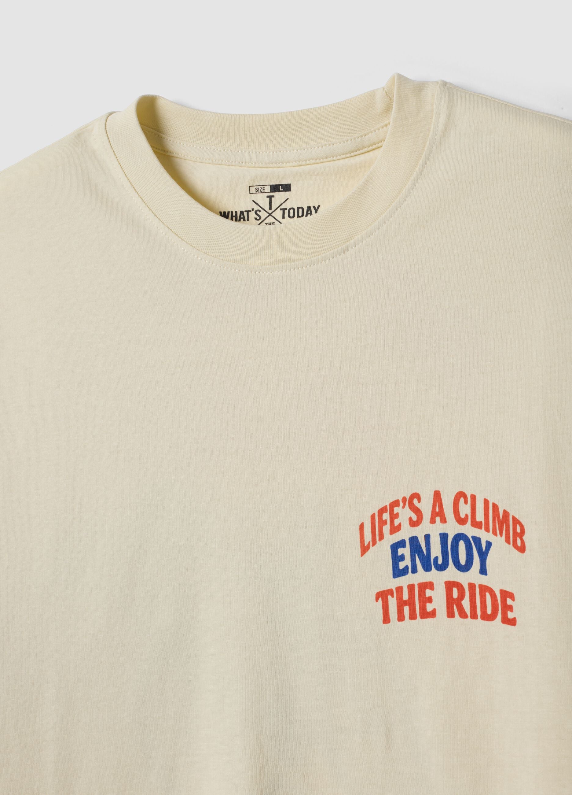 Beige pure cotton jersey T-shirt with slogan, regular fit