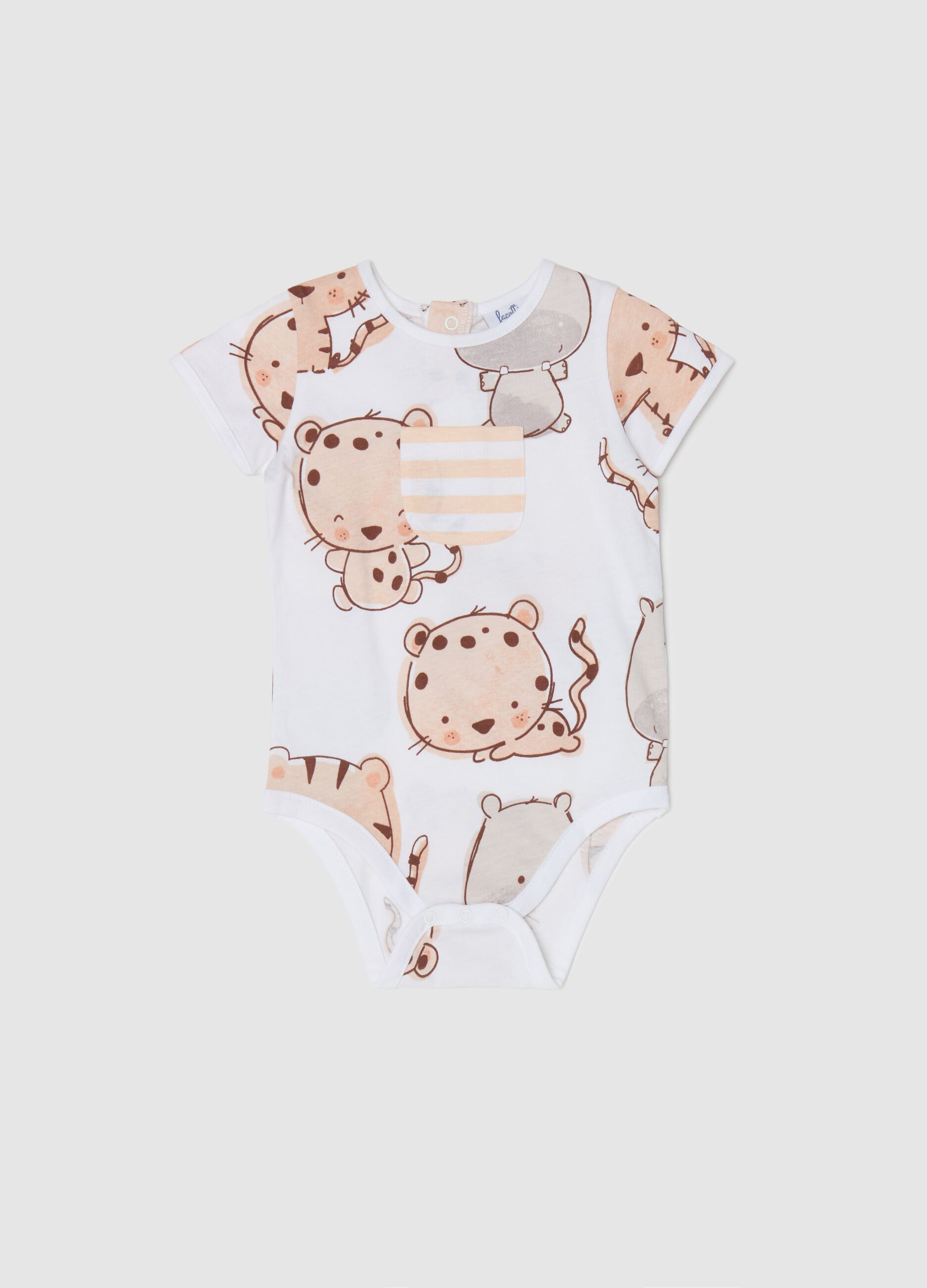 Cotton bodysuit with animal print and pocket