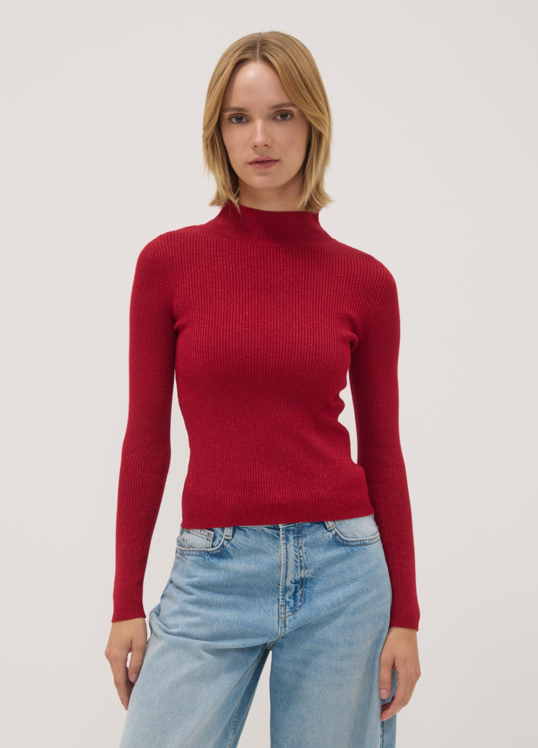 Red ribbed viscose-blend top with high neck