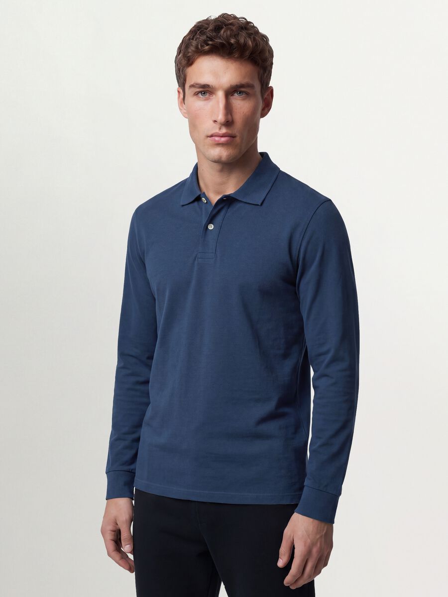 Polo blu in piquet di puro cotone organico a maniche lunghe regular fit_0