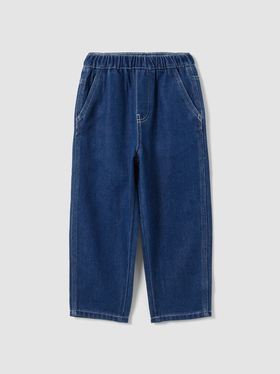 Jogger blu in misto cotone e viscosa con vita elasticizzata per bambino_0