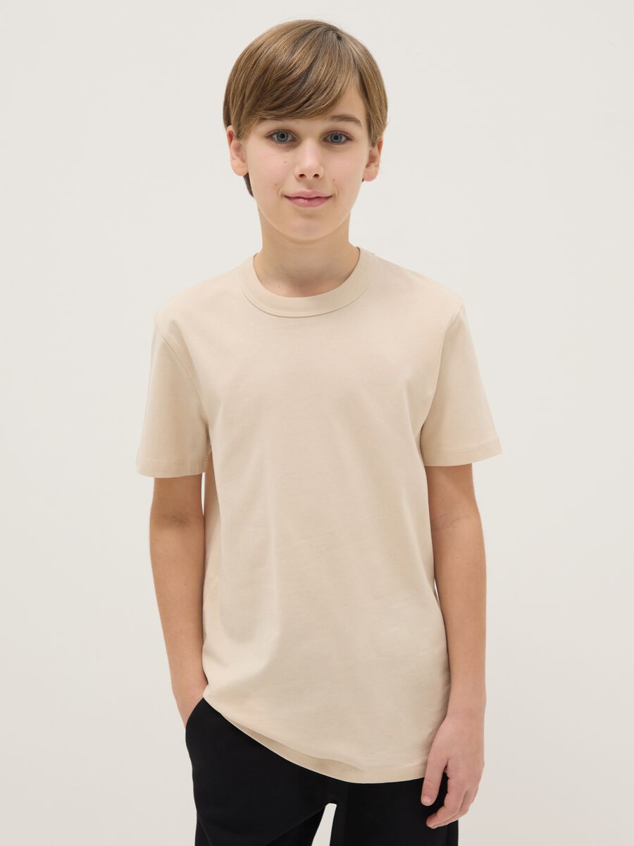 T-shirt girocollo beige da ragazzo in puro cotone over fit_0