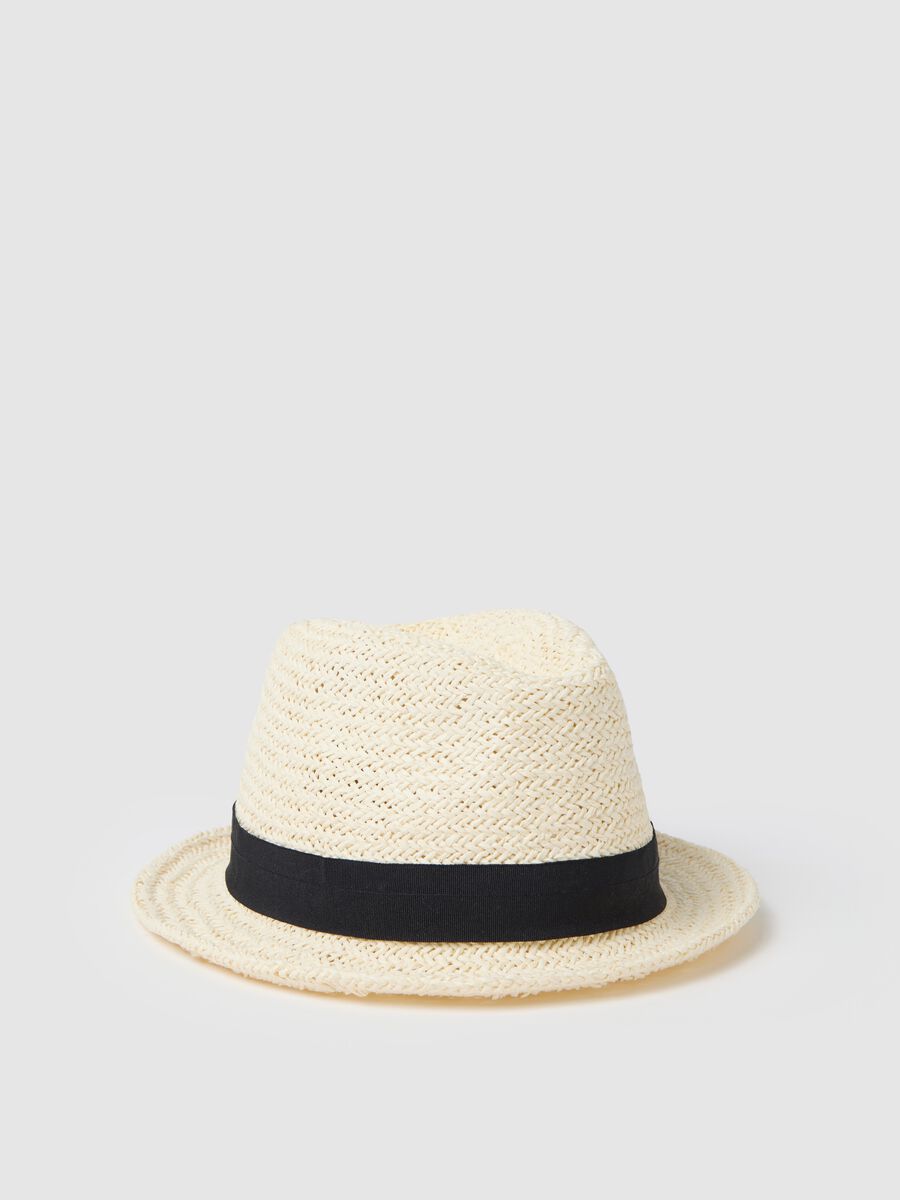 Raffia fedora hat with black band_0