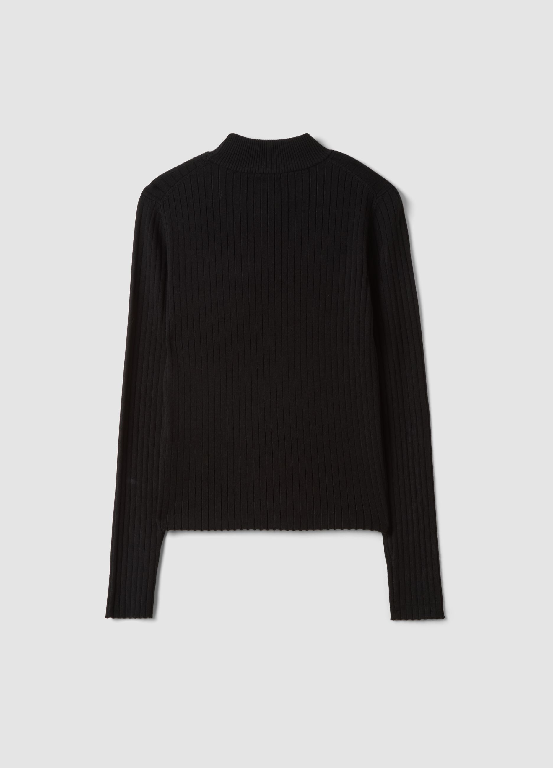 Black ribbed viscose-blend fitted top with high neck