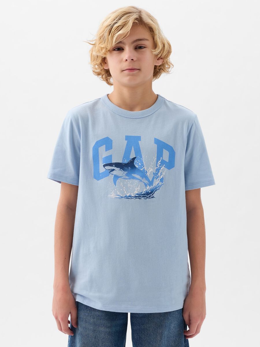 Cotton T-shirt with logo and shark print_0