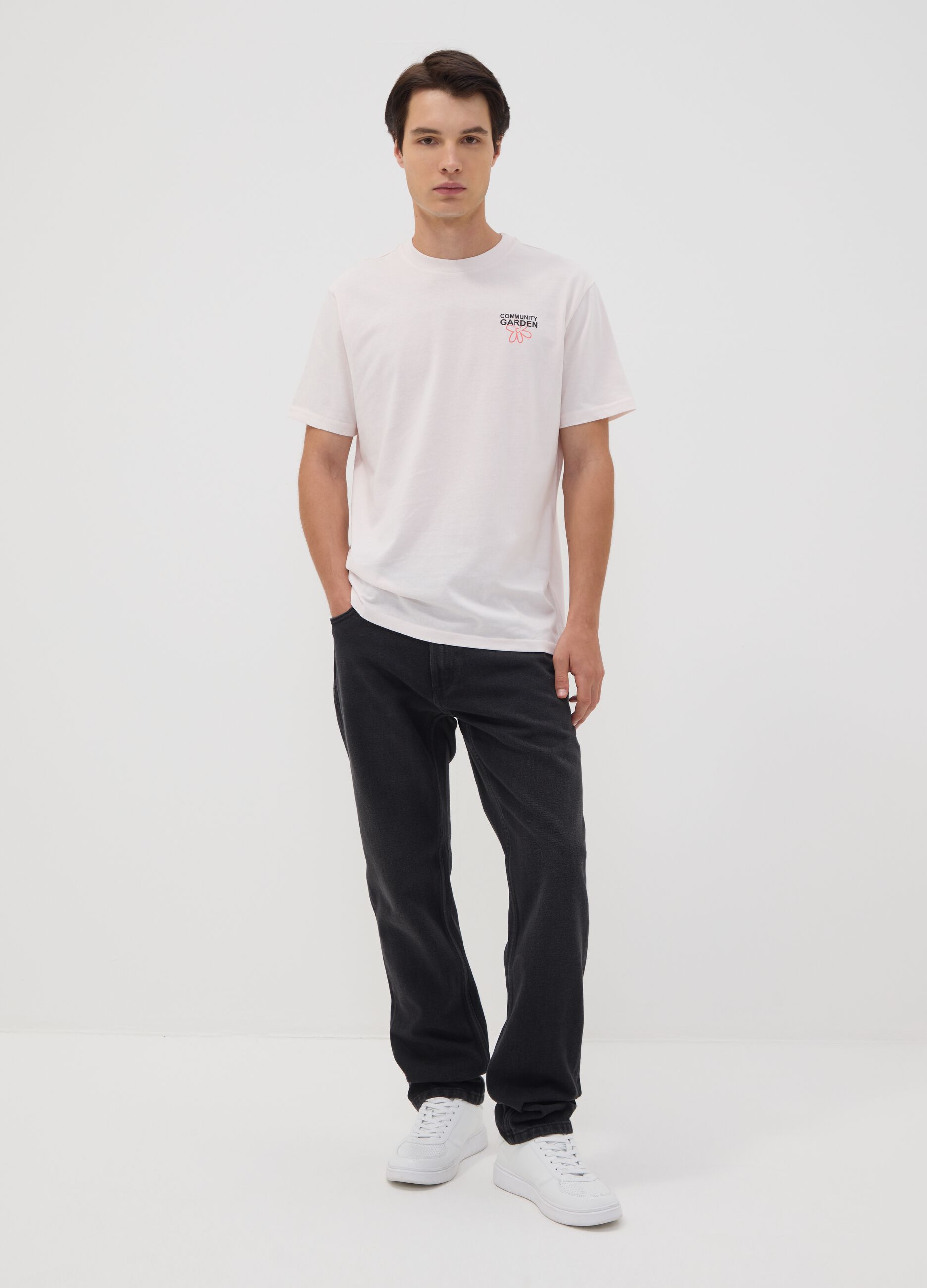 White pure cotton jersey T-shirt with print, regular fit