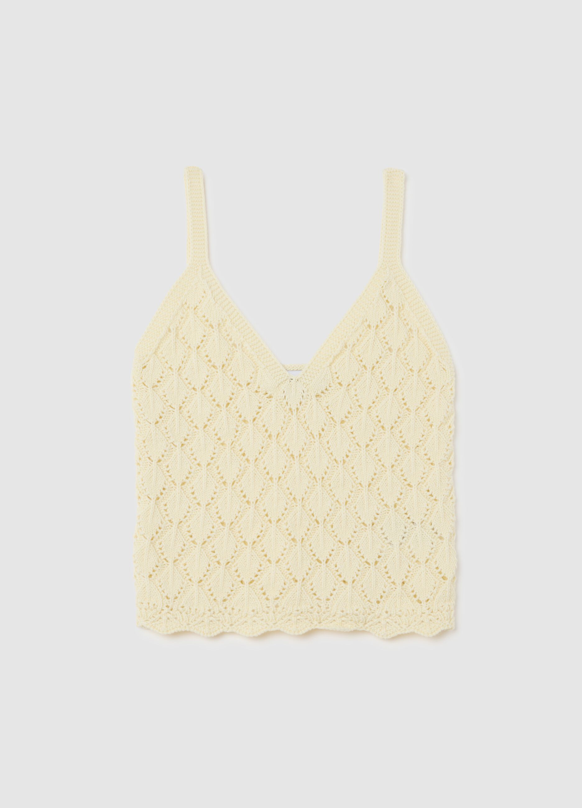 Top corto da donna in puro cotone beige regular fit con maglia traforata