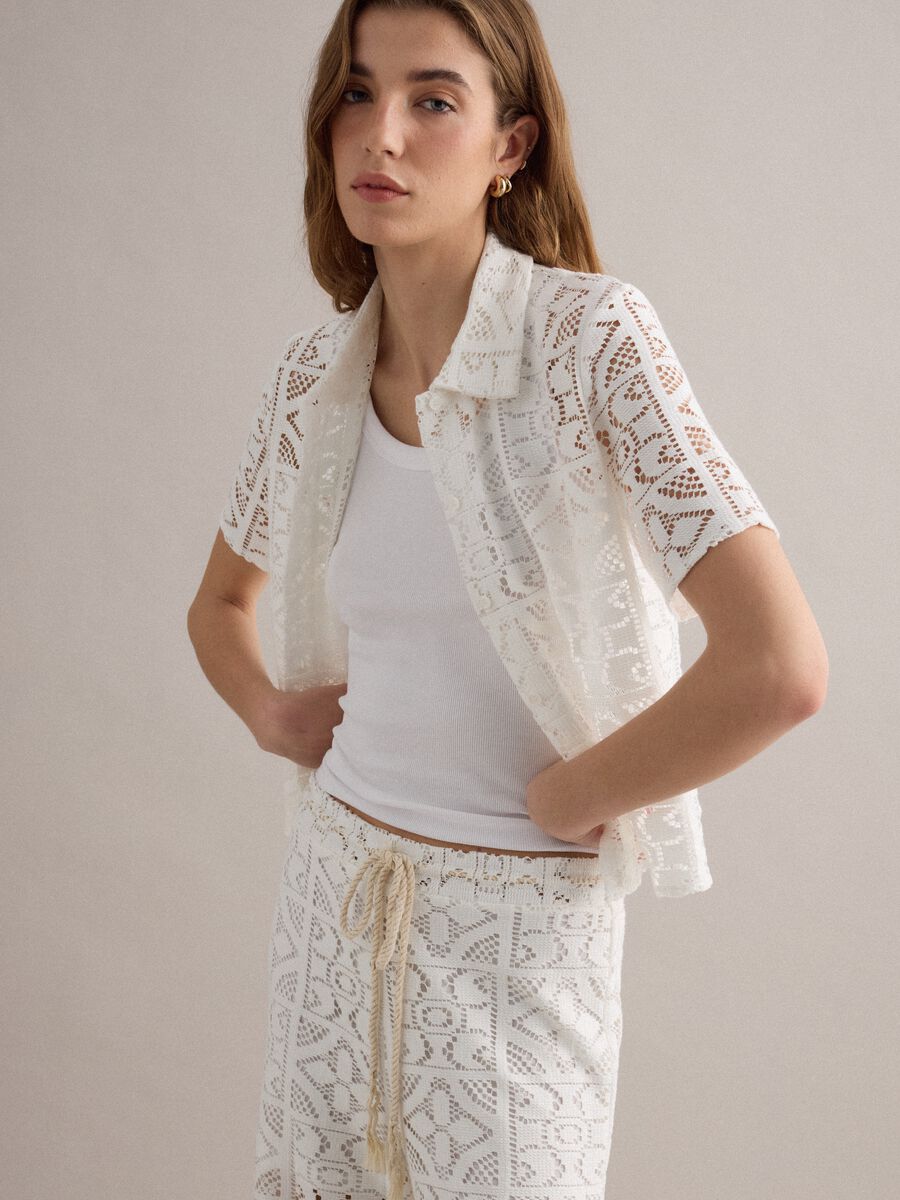 White perforated short-sleeve polo shirt, regular fit_0