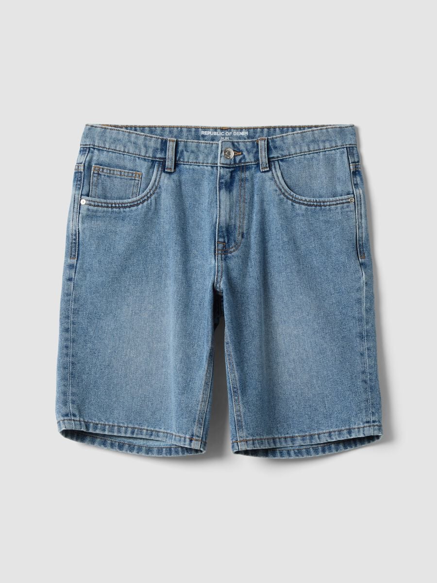 Blue Slim Fit Cotton Blend Denim Shorts_4