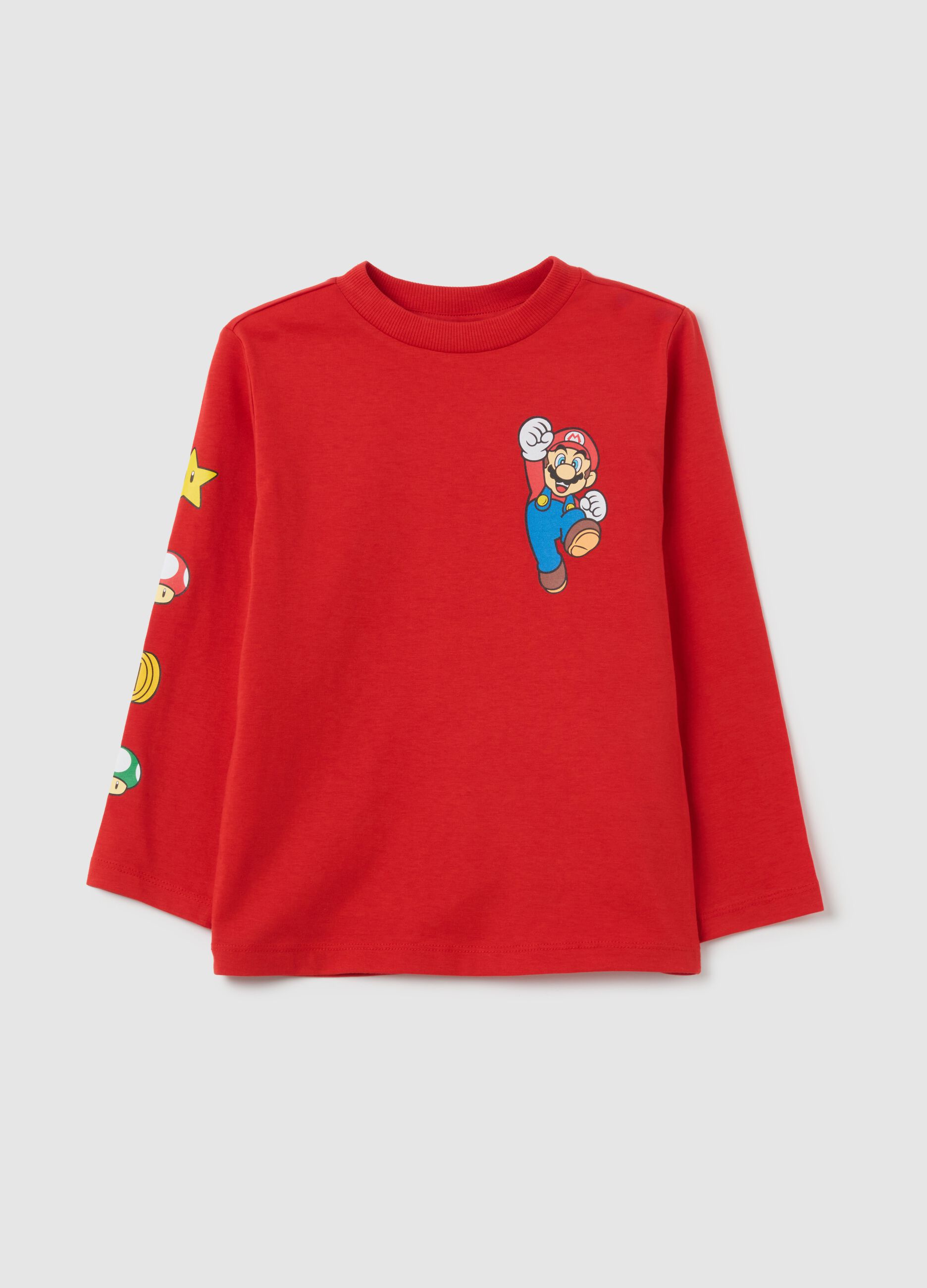 Red pure cotton children's sweater with Super Mario print