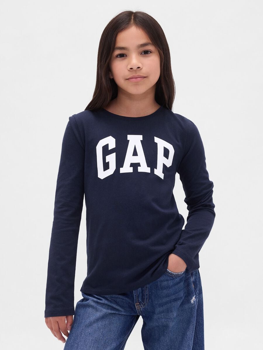 T-shirt blu a maniche lunghe in puro cotone con logo GAP_0