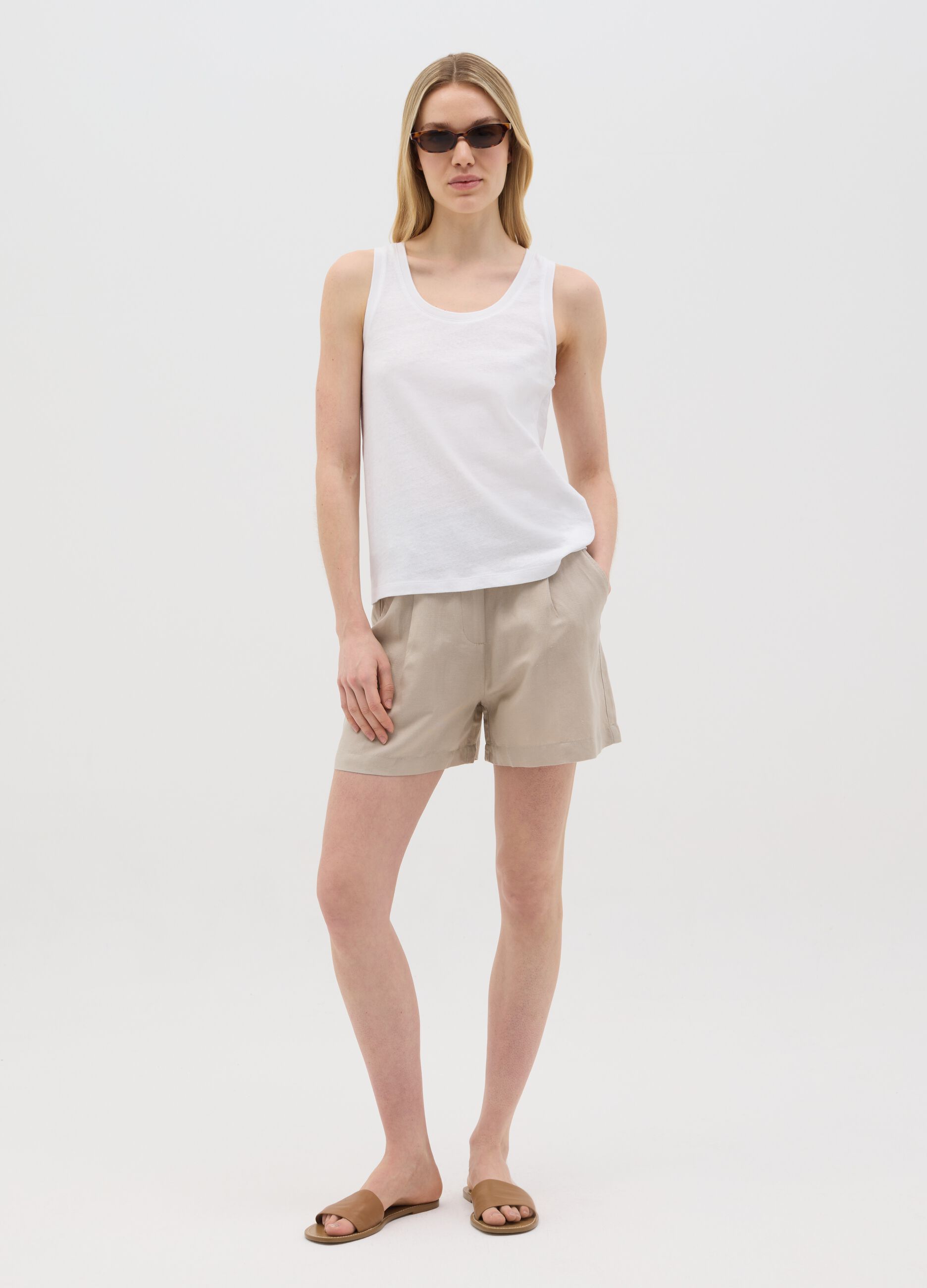 White Cotton and Linen Tank Top by Ovs
