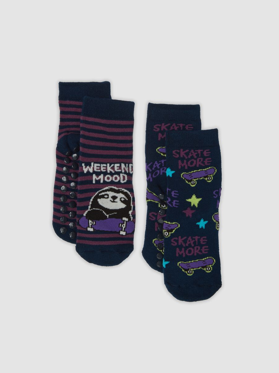 2-pack blue midi non-slip socks in stretch organic cotton with print_0