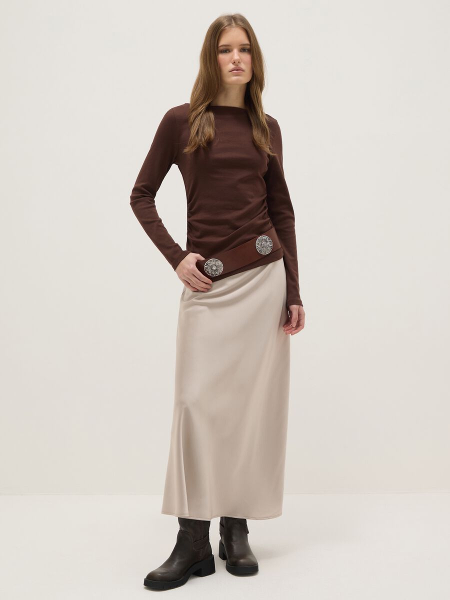 Gonna satinata beige regular fit con vita elastica_0