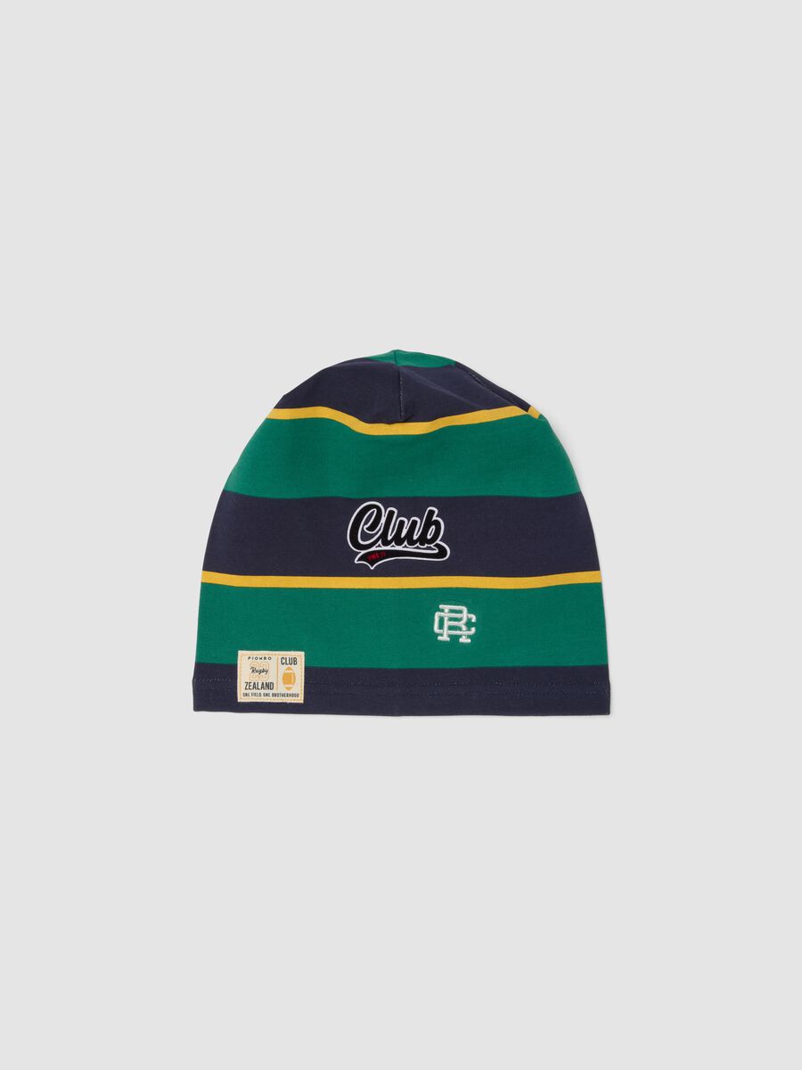 Cappello multicolor in cotone elasticizzato a righe con scritta Club_0