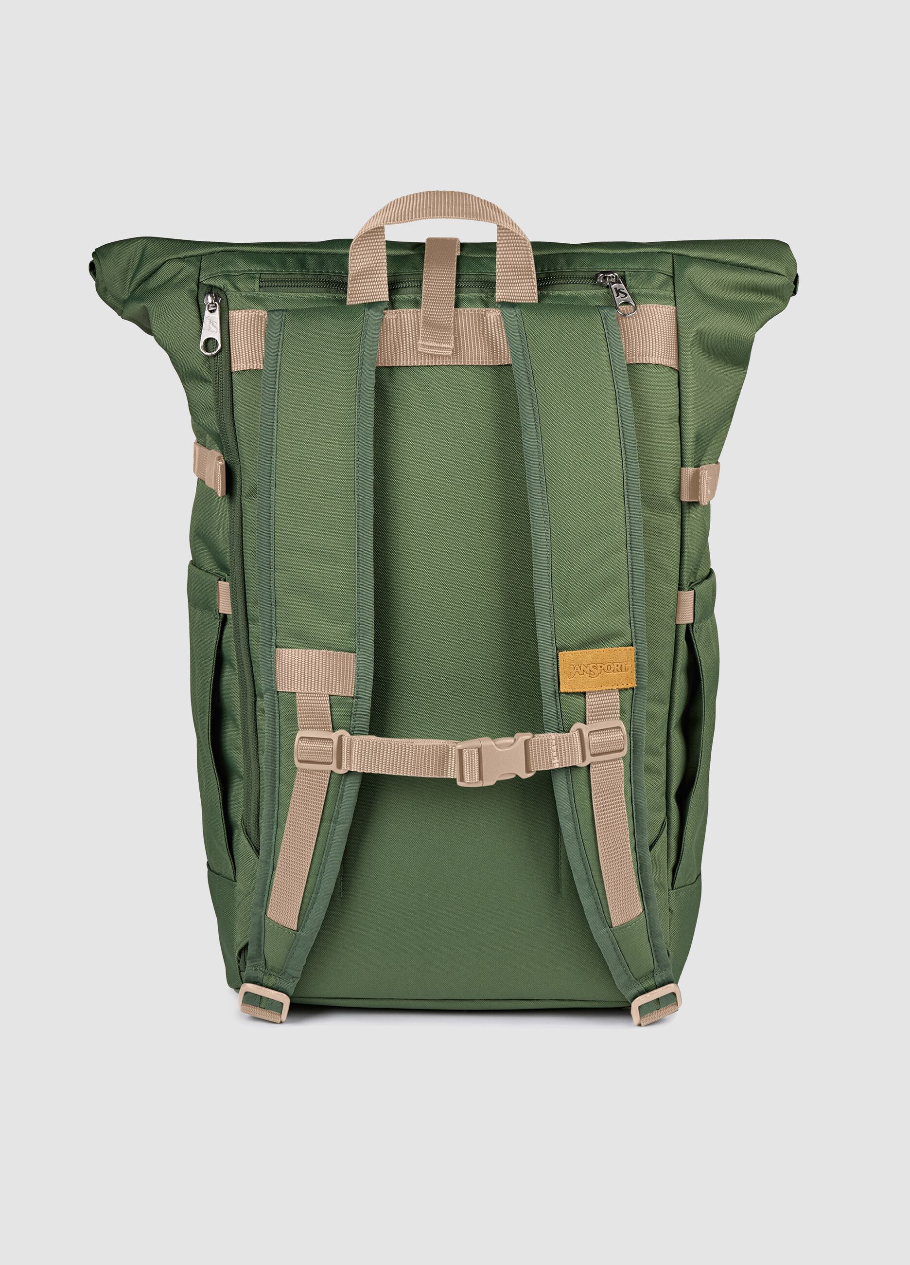 Green roll-top backpack with pockets