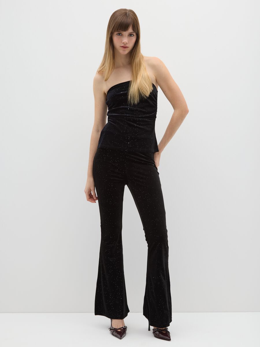 Black stretch fabric flare trousers with glitter_0