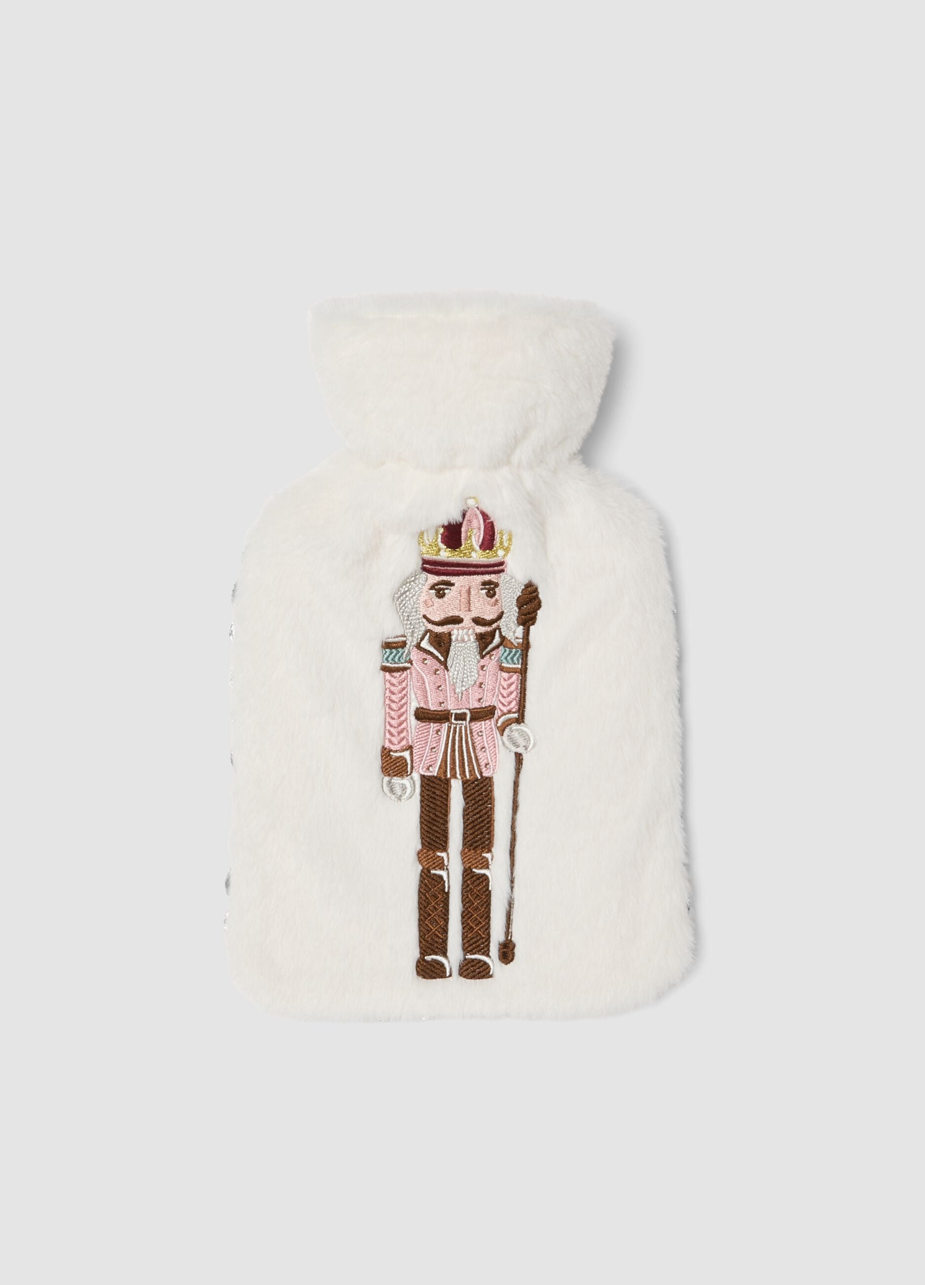 White teddy-effect hot water bottle with embroidered detail
