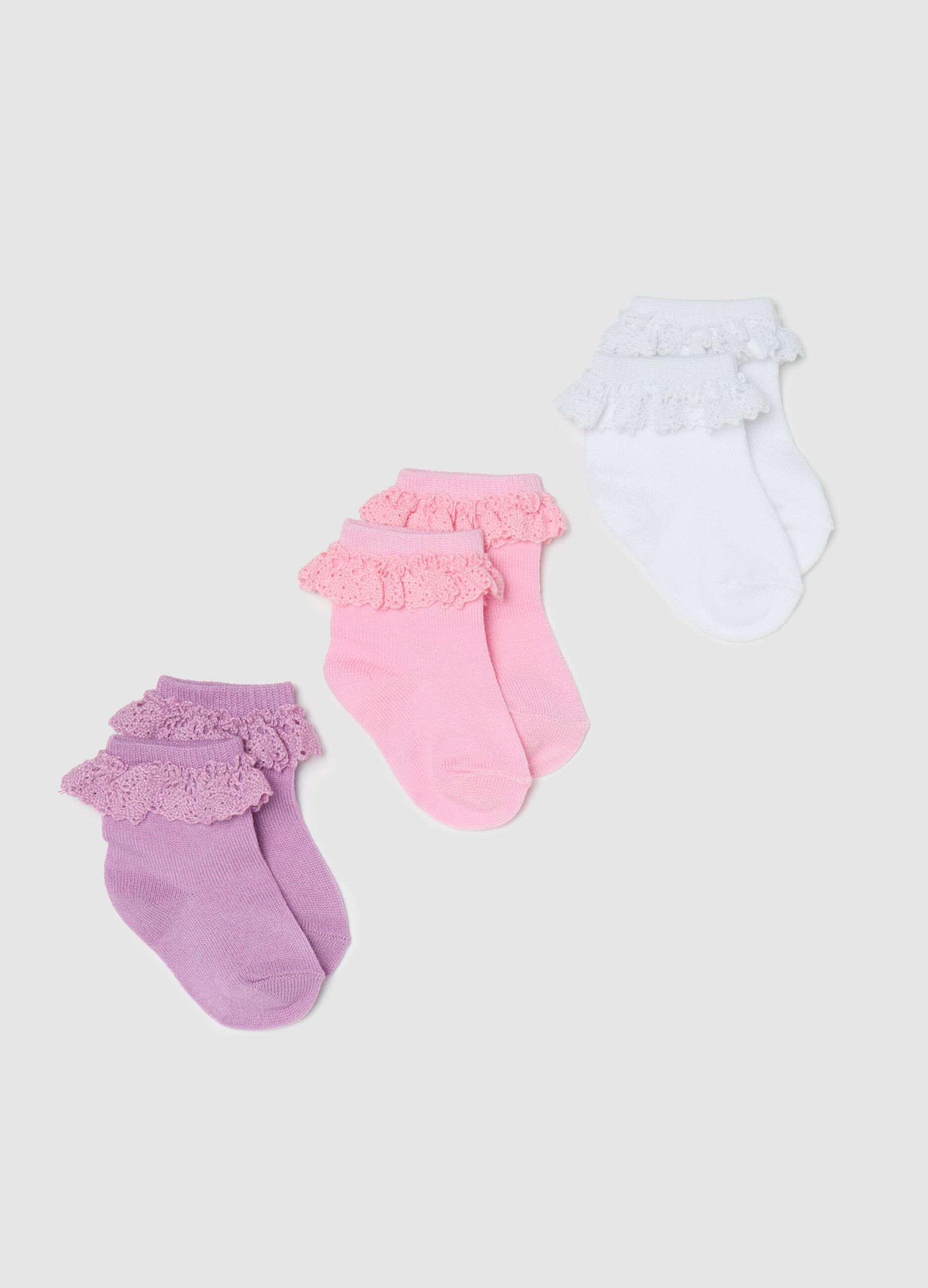 Three-pair pack short socks with broderie anglaise