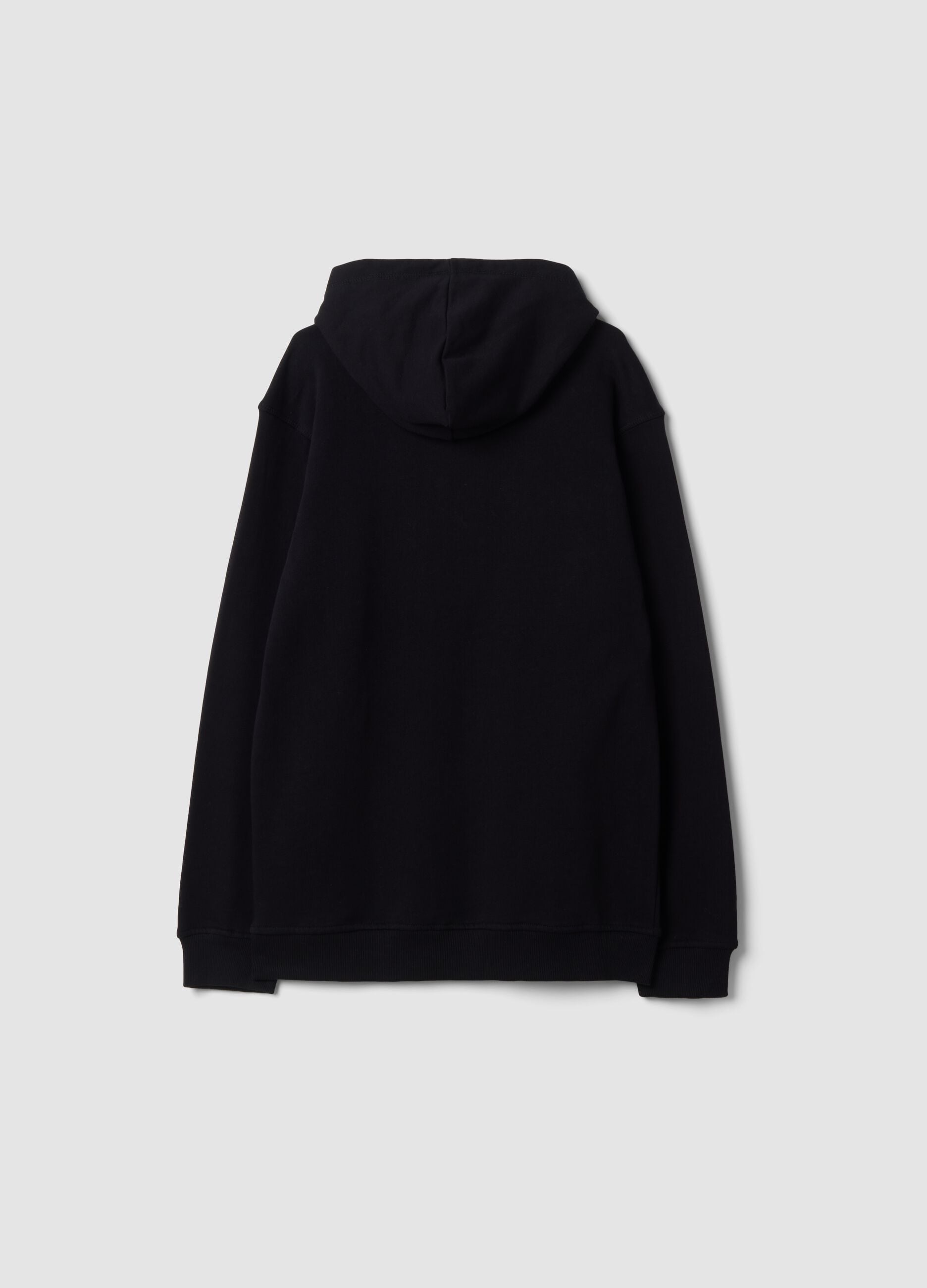 Black organic cotton hoodie with racing prints, relaxed fit
