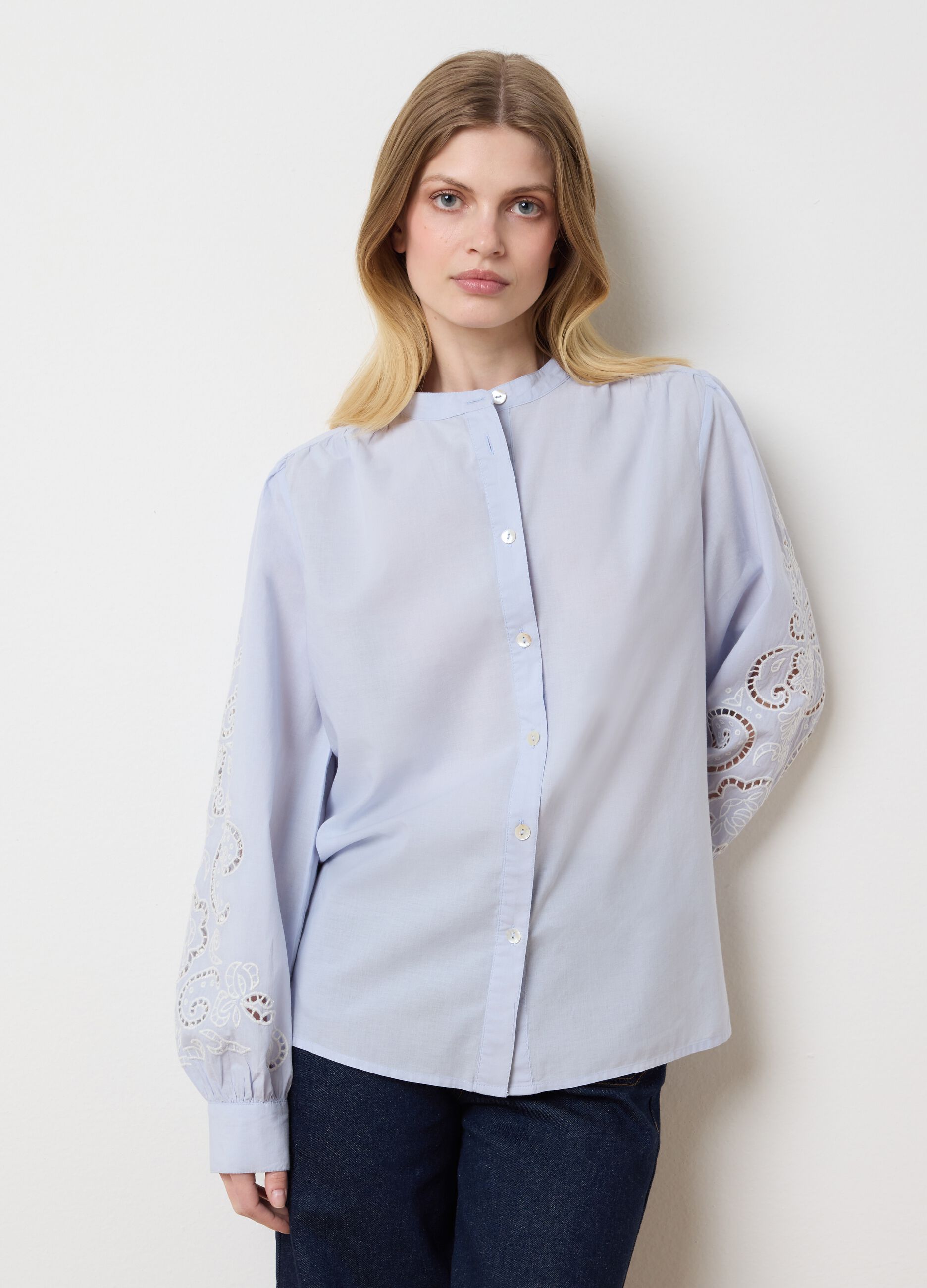 Women's regular fit light blue pure cotton shirt with embroidery