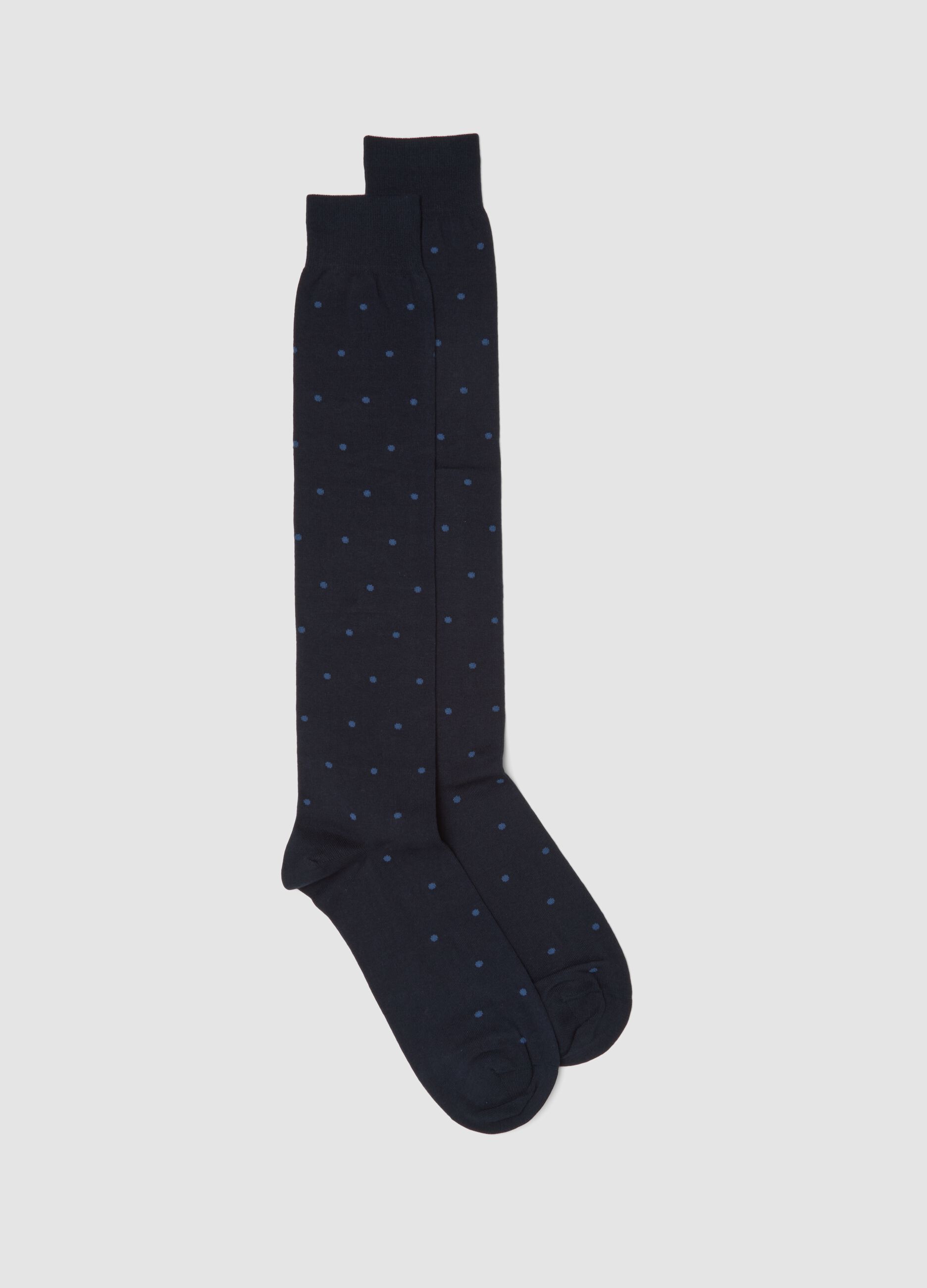 Blue stretch cotton long socks with polka dots