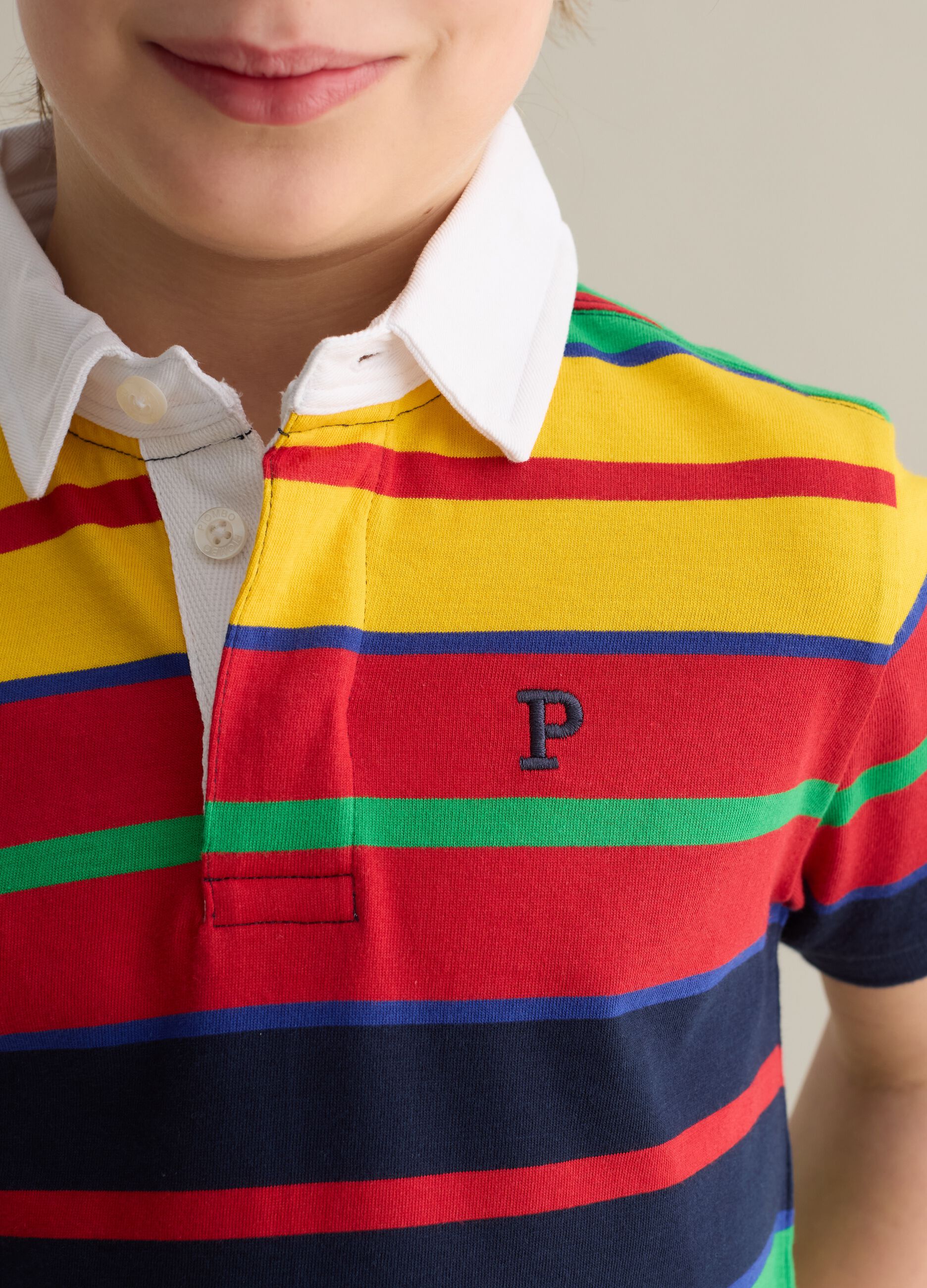 Cotton polo shirt with multicoloured stripes and logo embroidery