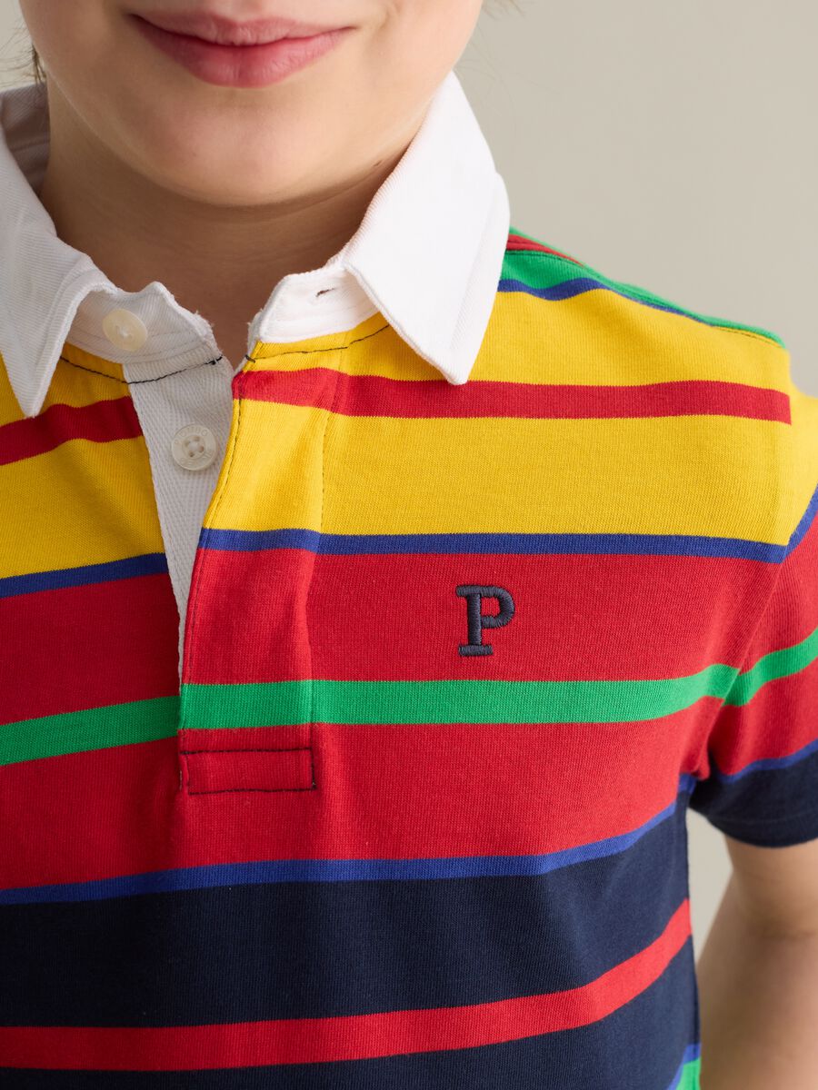 Cotton polo shirt with multicoloured stripes and logo embroidery_1